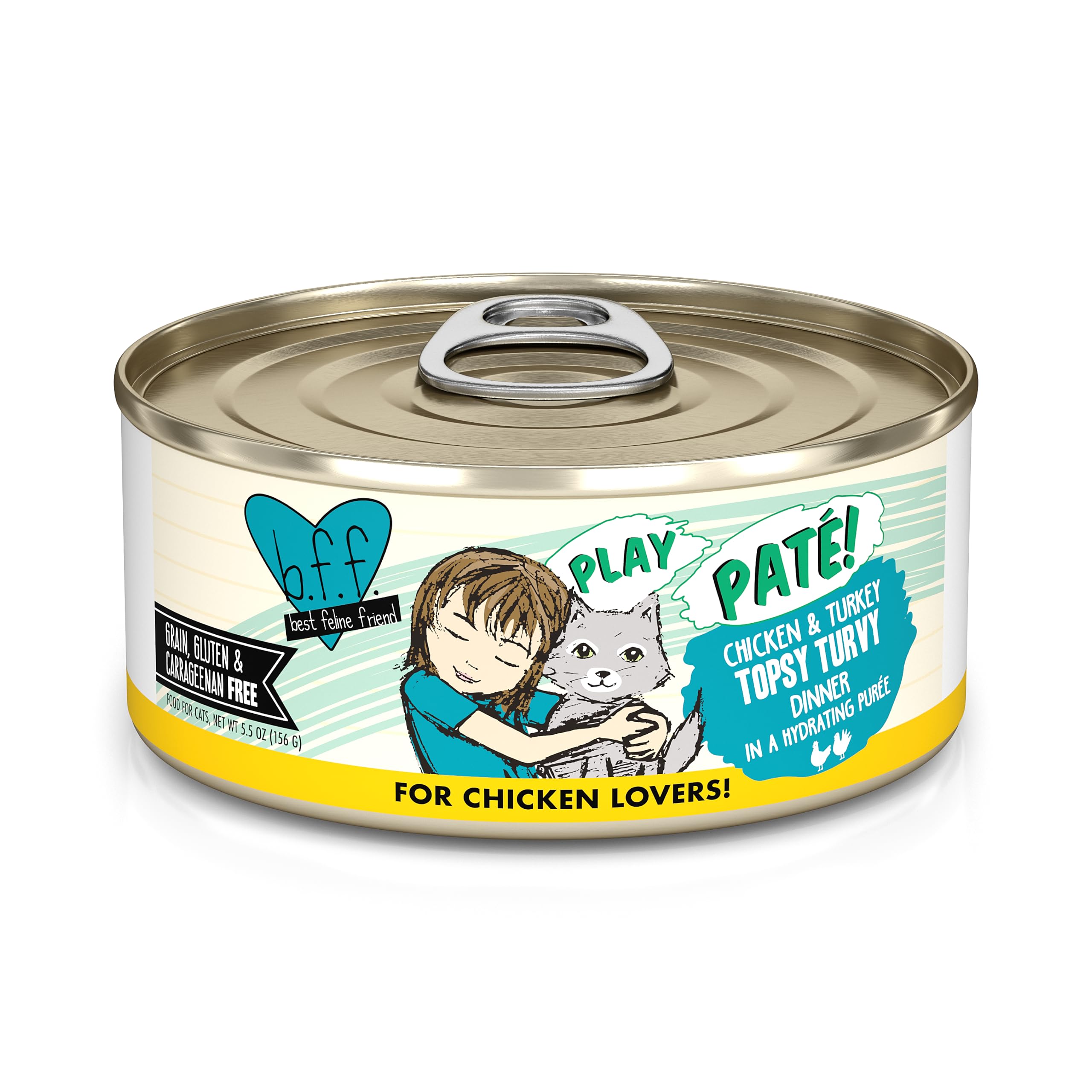Weruva B.F.F. Play - Best Feline Friend Paté Lovers, Aw Yeah!, Chicken & Turkey Topsy Turvy with Chicken & Turkey, 5.5oz Can (Pack of 8)
