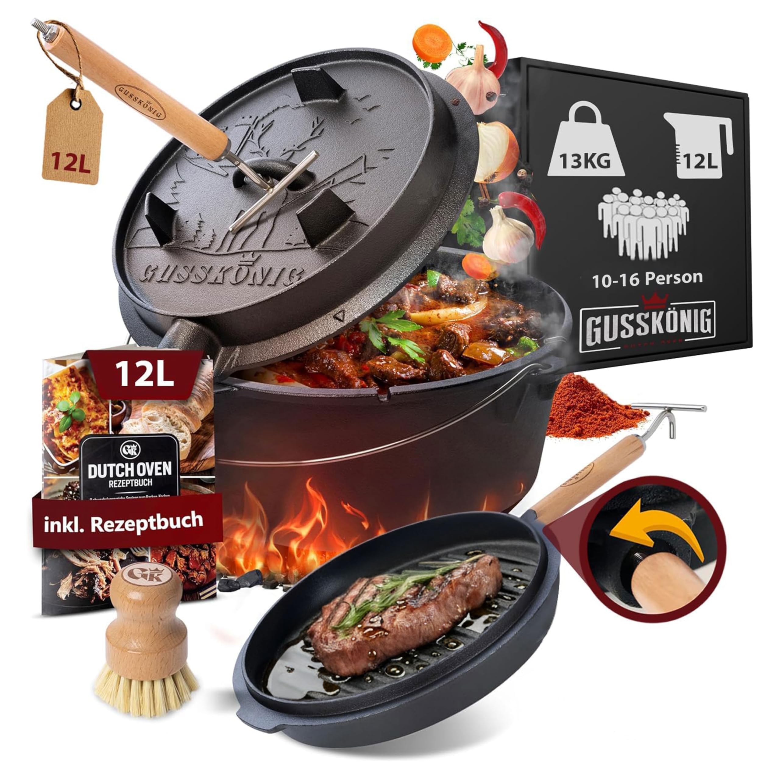 GUSSKÖNIG Dutch Oven Set - Eingebrannter Dutch Oven 12 Liter [10-16 Person]-Feuertopf Gusseisen mit Füßen-Schmortopf Doppelfunktion-2in1 Deckelheber, Bürste & DutchOven Rezeptbuch-30 Jahre Garantie