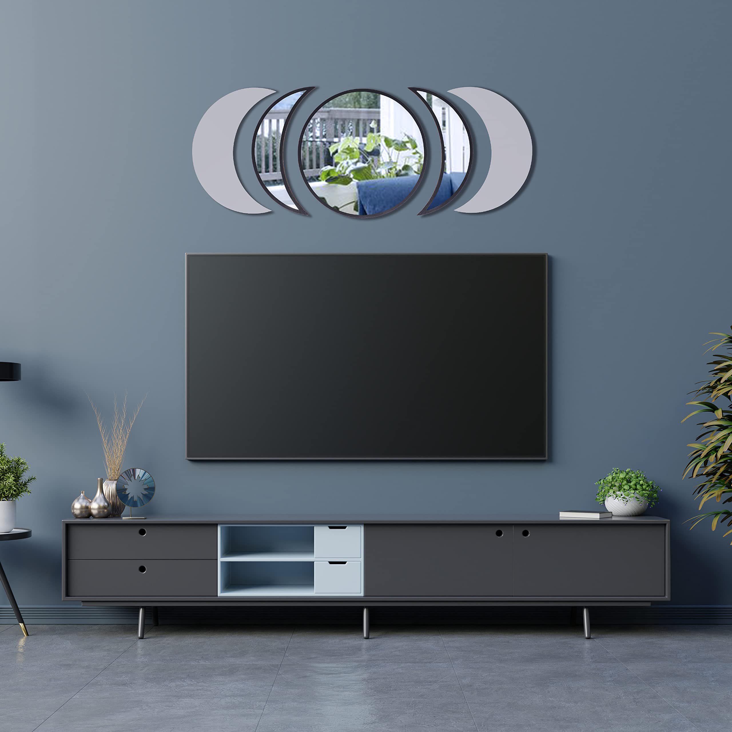 SteffesCreations Moon Phase Mirrors for Wall, Moon Wall Mirror for Living Room & Bedroom, Set of 5 Mirror Moon, 15" L x 15" W Gray Moon with Wooden Black Frame and Glass Aesthetic Mirror