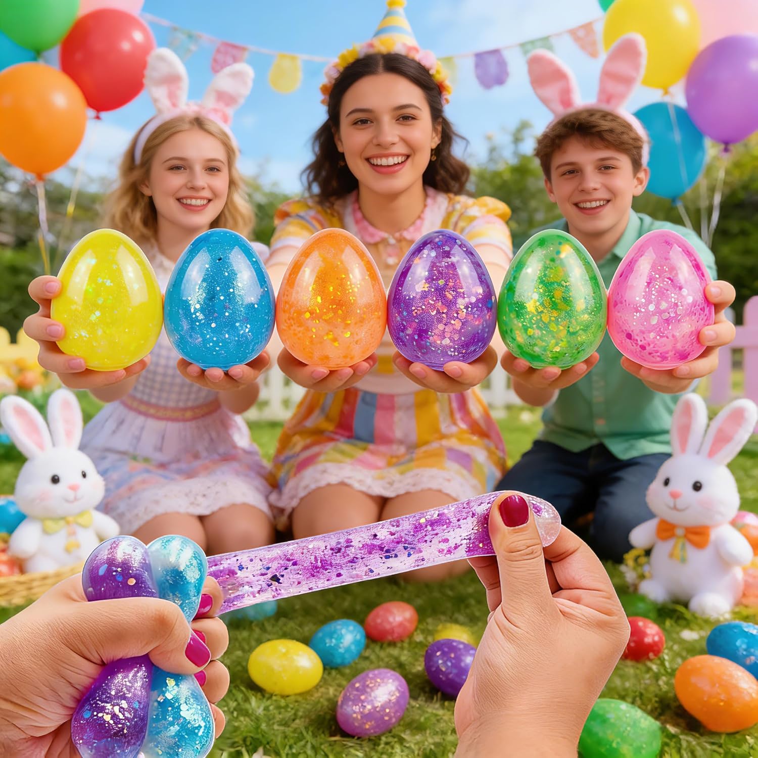 6 Pack Easter Eggs Squishy Toys, Glitter Stress Balls Eggs Squeeze Toys for Kids Boys Girls Toddlers Easter Basket Stuffers, Party Favors, Classroom Prizes