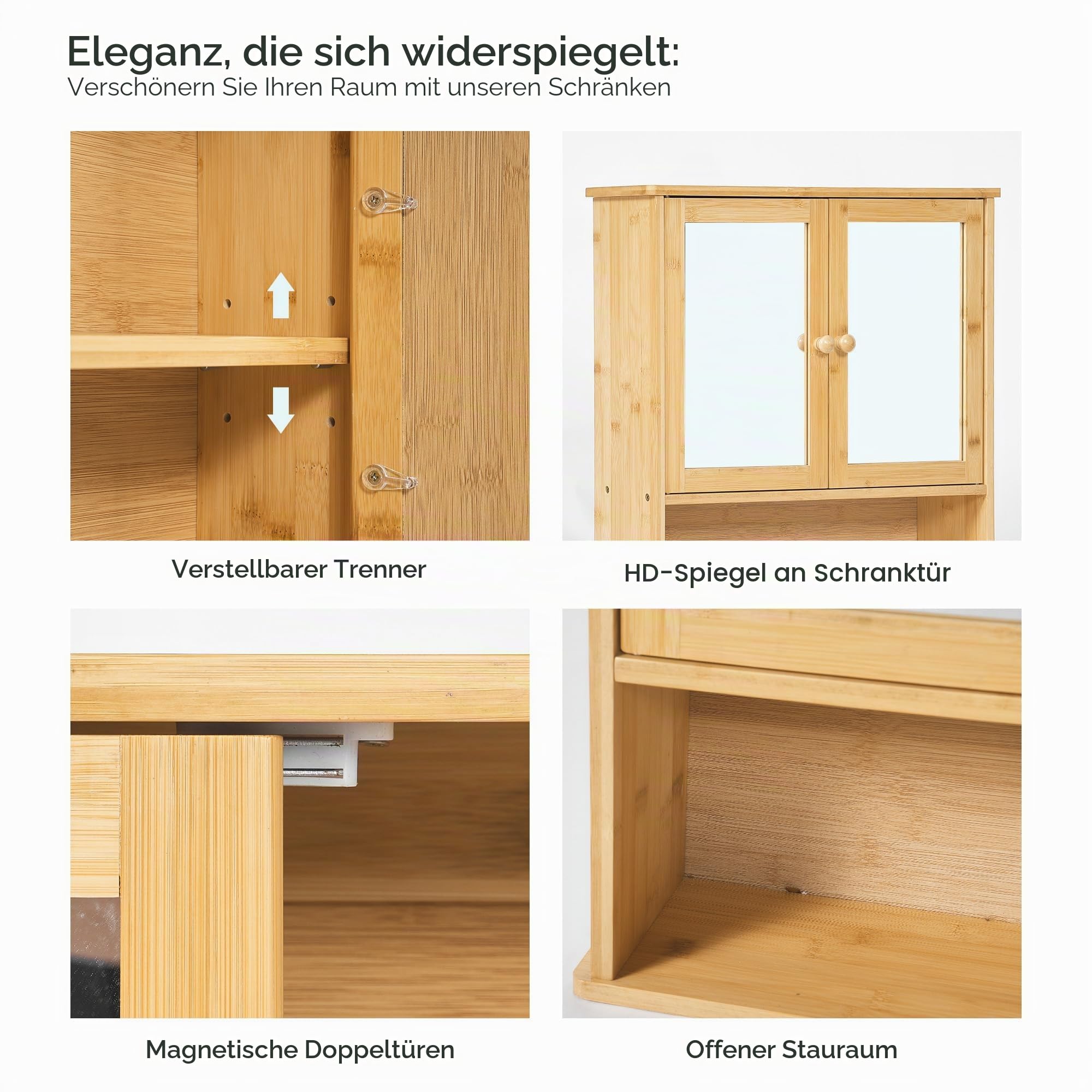 SogesHome Spiegelschrank hängende Medizinschrank aus Bambus Lagerung mit Tür und offenem Regal Wandmontage Schrank für Badezimmer über Toilette Badezimmerschrank