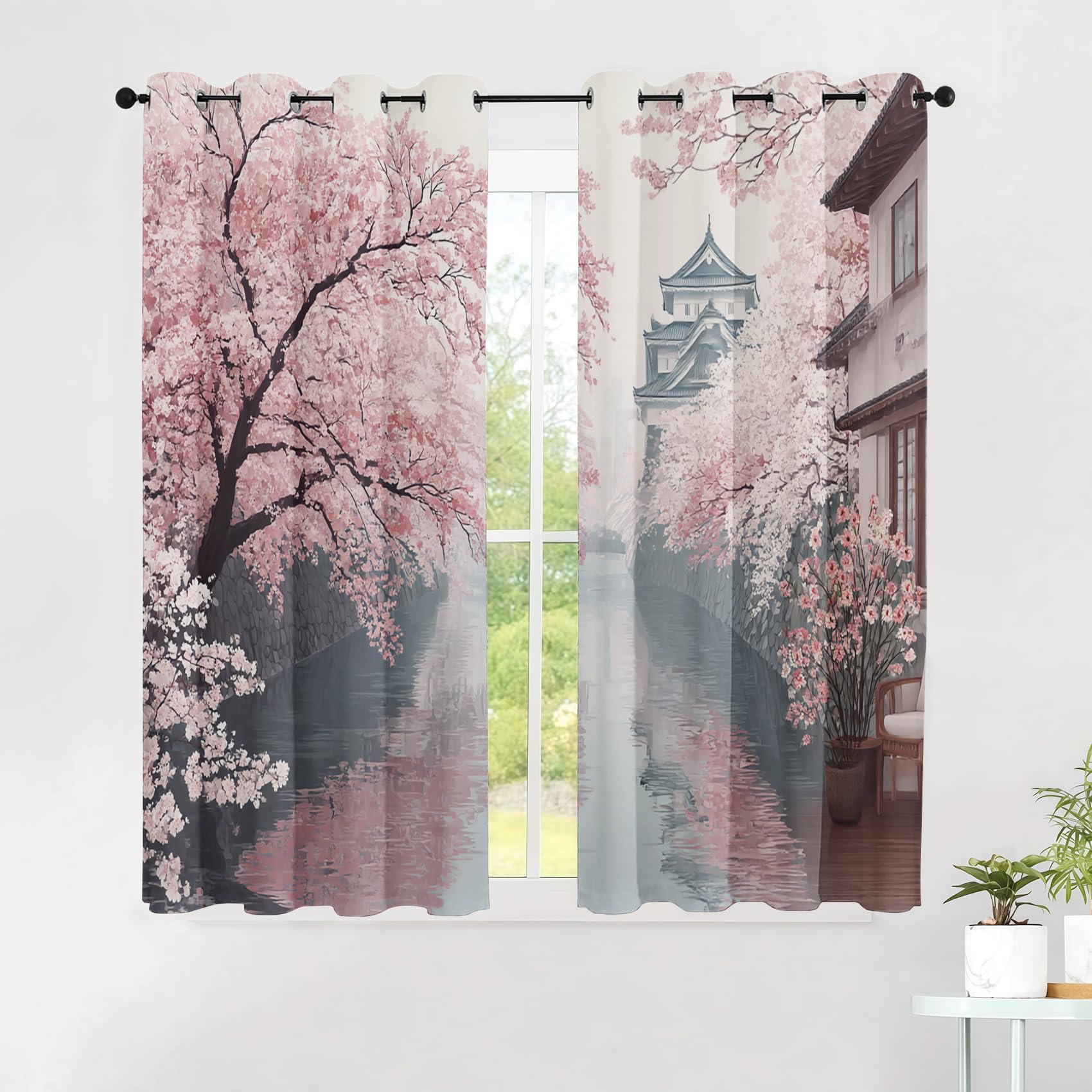 Générique Rideau Paysage Japonais Rideaux Chambre Salon Fleurs de Cerisier Oriental Rideau Occultant Thermique Isolant Anti-Chaleur Phonique Lot de 2 Rideaux à Oeillets 140x225 cm MDLQ167ll