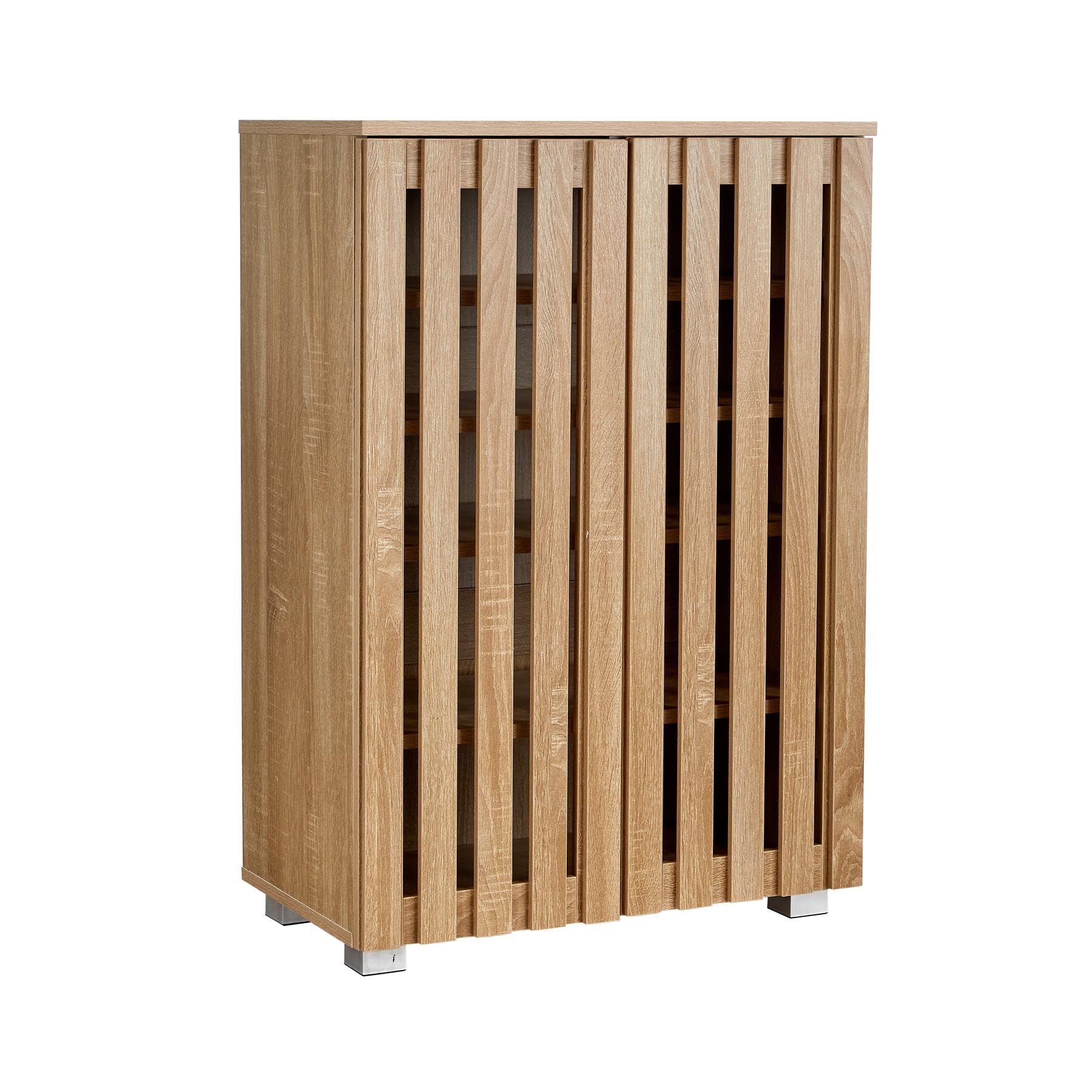 Home Source 2 Door Wooden Shoe Storage Cabinet Rack Stand, Slatted Cupboard, Oak Effect