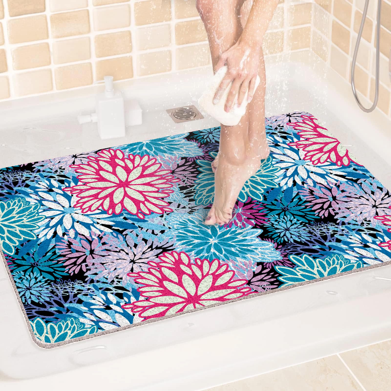 Shower Bath Mat Non Slip 120x200cm, Loofah Bathtub Mat, Soft PVC Shower Mats for Inside Shower, Washable and Quick Drying Bath Mats for Slippery Surfaces, Pink Cyan Black
