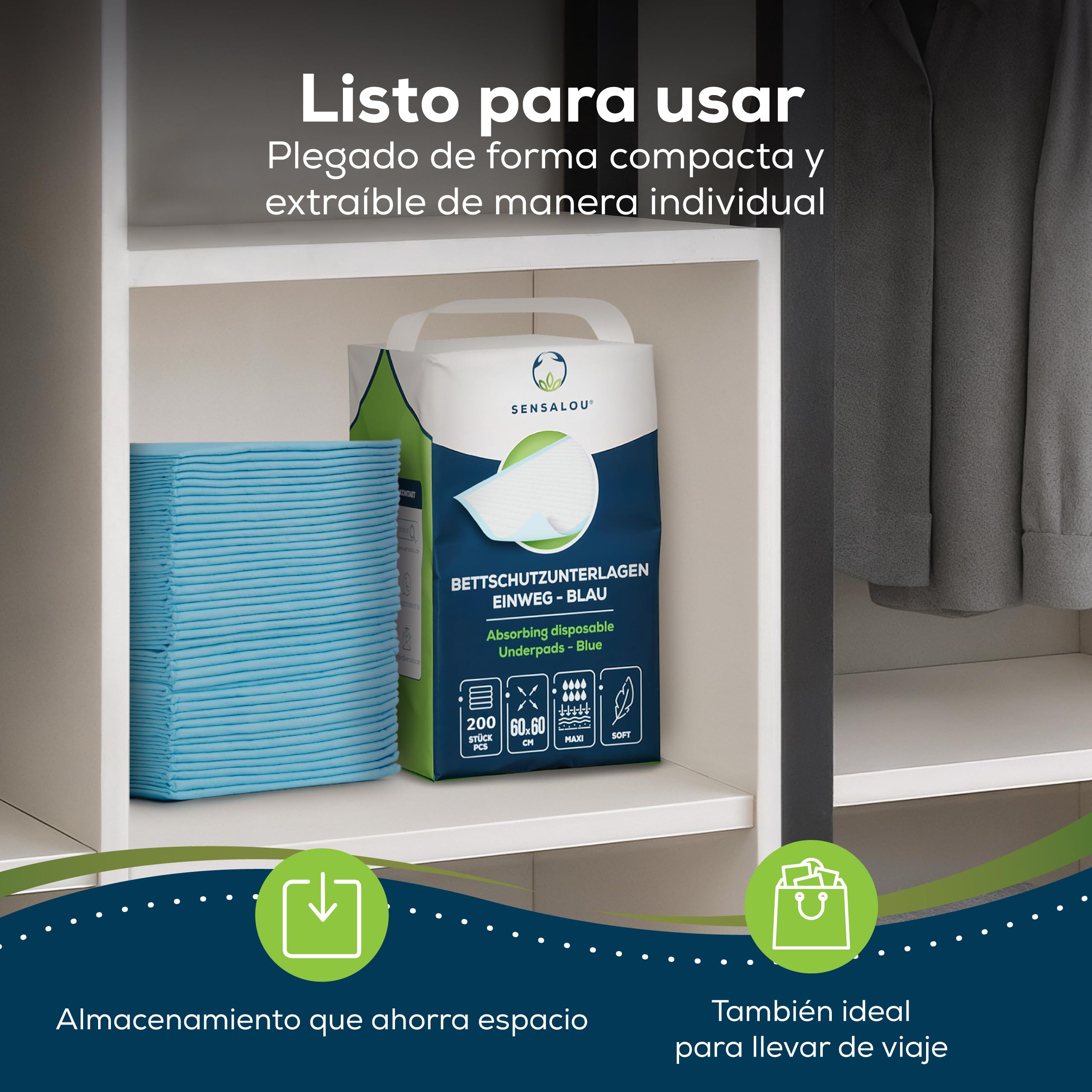 Sensalou Empapadores Desechables 60x60 cm – 50 Unidades – Protectores Impermeables Absorbentes para Incontinencia, Cuidado Infantil, Mascotas, Camas, Cambiadores, Higiene Diaria, Clínica, Hospital