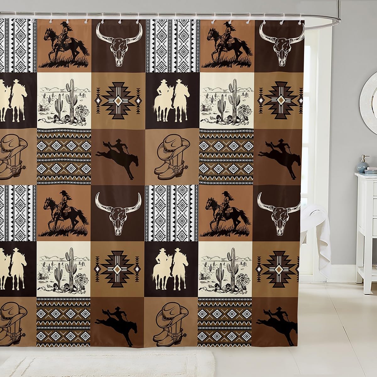 Western Cowboy Bathroom Curtain,Southwest Shower Curtain for Kids Boys Girls Men Room Decor,Vintage Aztec Tribal Waterproof Curtain Desert Cactus
