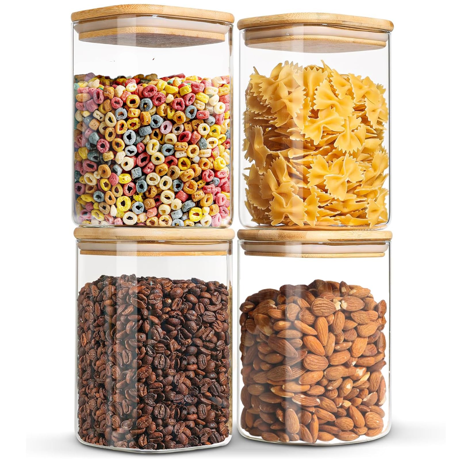 4 Barattoli di Cucina in Vetro con Coperchio in Bambù, 1100ml Contenitore Pasta Grande, Contenitori Ermetici in Vetro, Barattoli Cucina per conservare cereali, zucchero, caffè, Tè