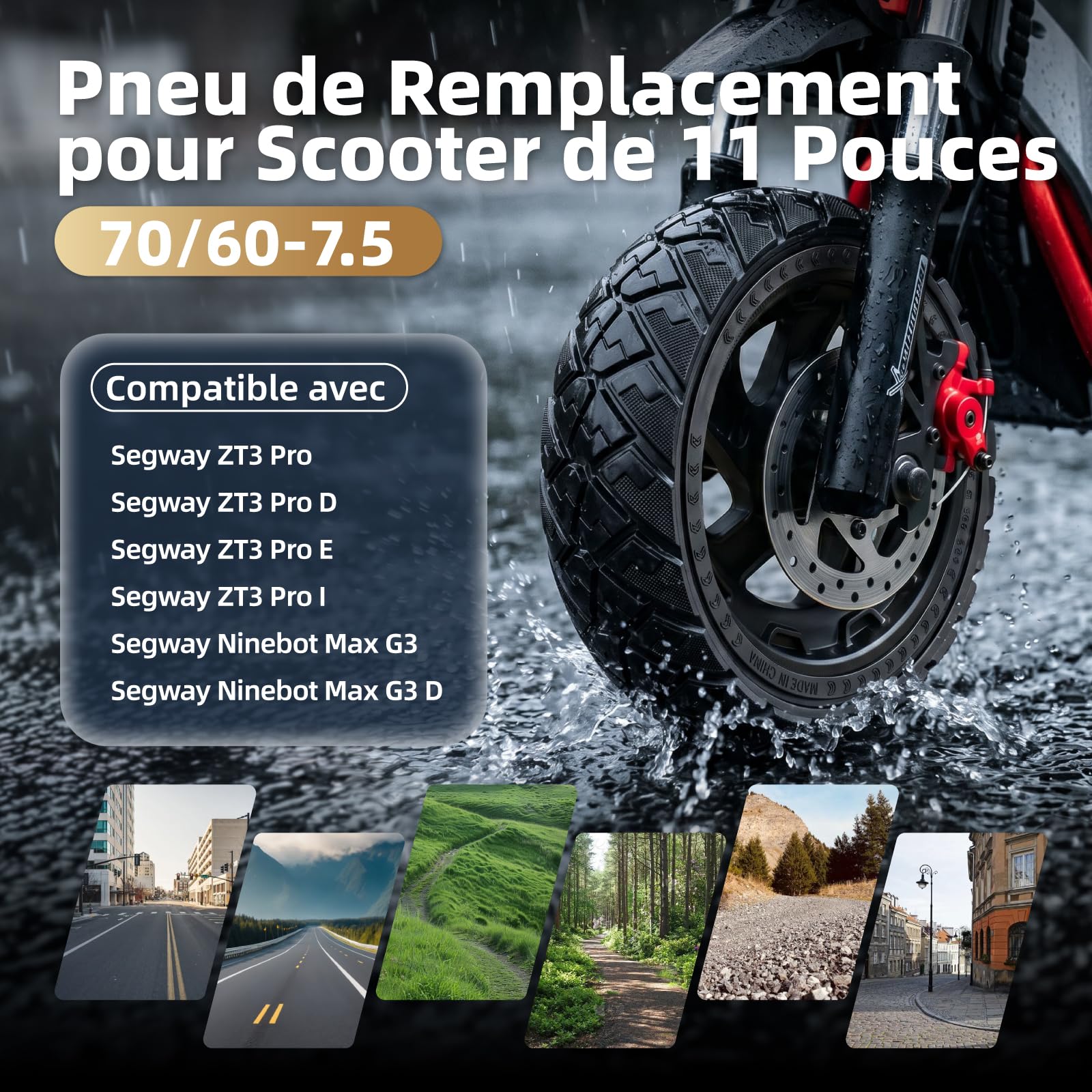 Lot de 2 pneu pleins 70/60-7,5 pour Segway Ninebot ZT3 / ZT3 Pro - 11" - Pneus avant/arrière en caoutchouc plein Honeycomb Solid