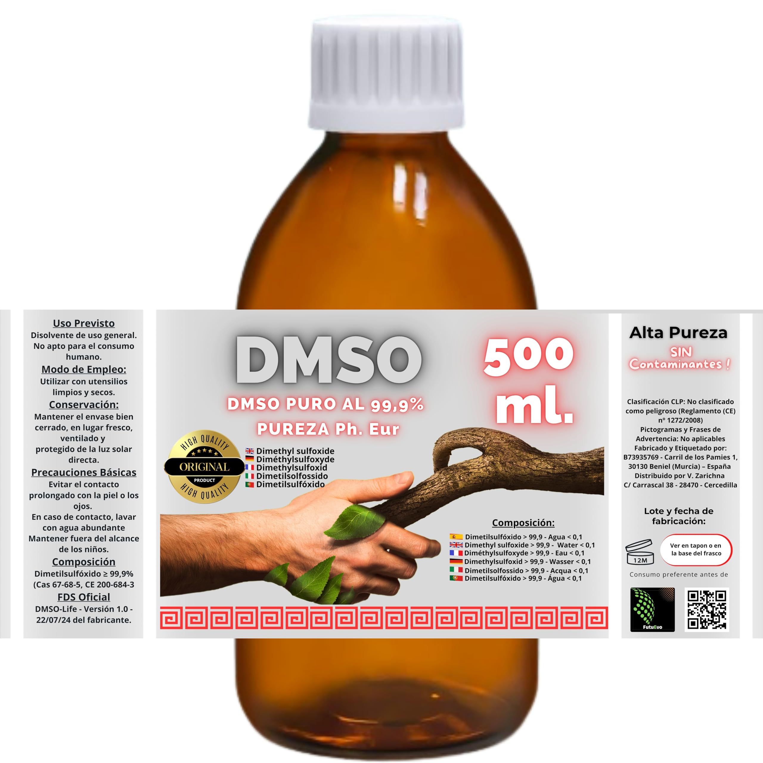 DMSO 500 ml. 99,9% Pureza Con Gotero | Dimetilsulfóxido Calidad Ph Eur | Regalo Frasco125ml + Difusor + Vasito Dosificador | Frascos Ámbar de Laboratorio | Precinto de Seguridad