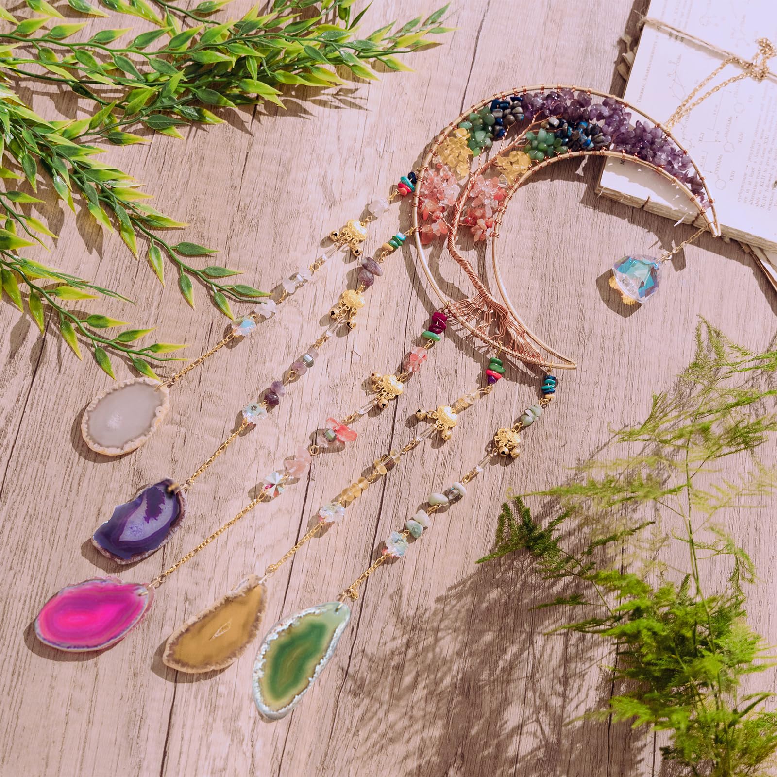 7 Chakra Crystal Wind Chimes, Moon Shaped Dream Catcher, Sun Catchers, Healing Crystal Decor, Reiki, Feng Shui Metal Art Wall Decor for Room, Bedroom, Home, Unique Gifts for Women for Good Luck