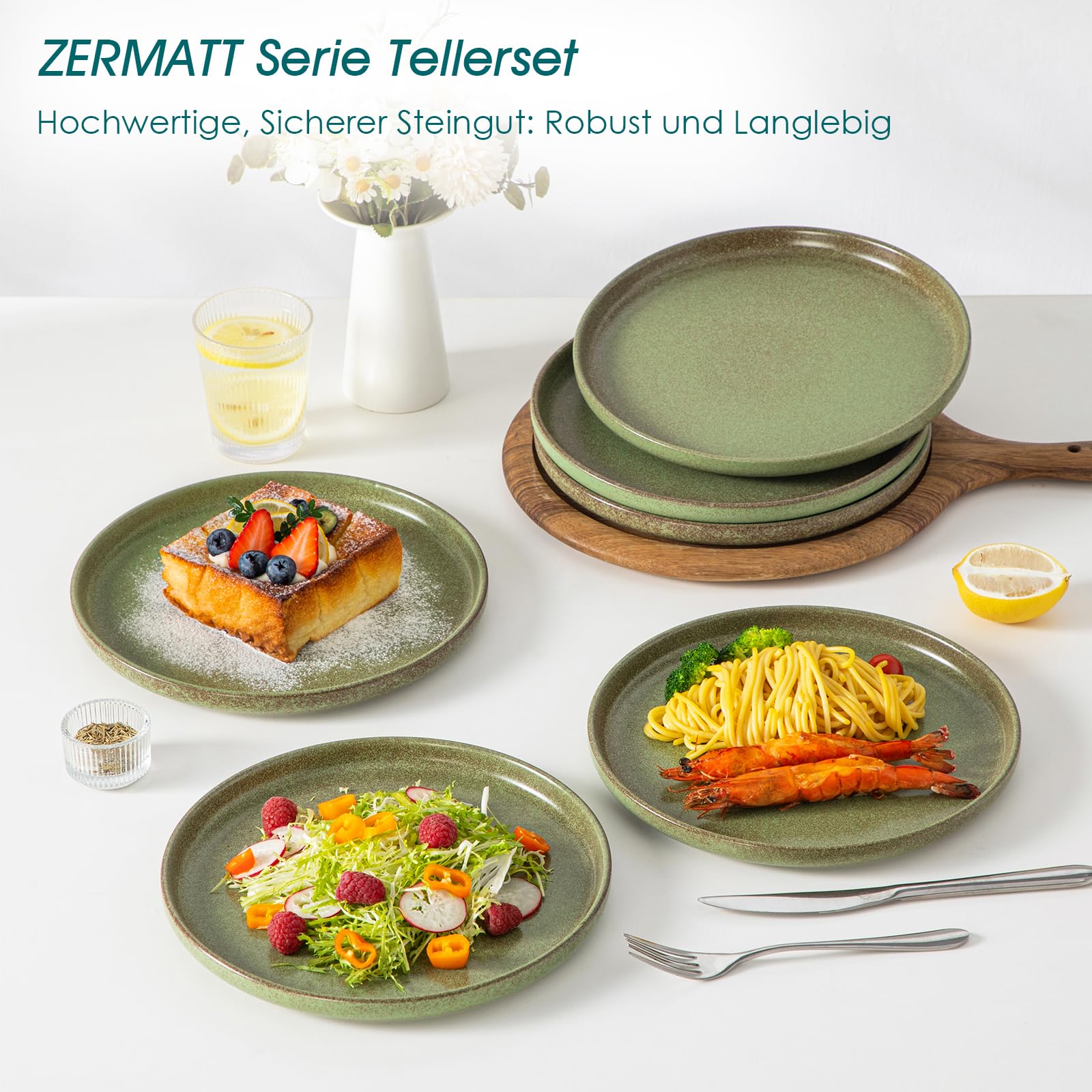 vancasso Teller Set 6 Personen, ZERMATT Speiseteller Flach 26 cm, Steingut Essteller Moosgrün, Frühstücksteller für Mikrowellen und Spülmaschinenfest, Pastateller, Dessertteller
