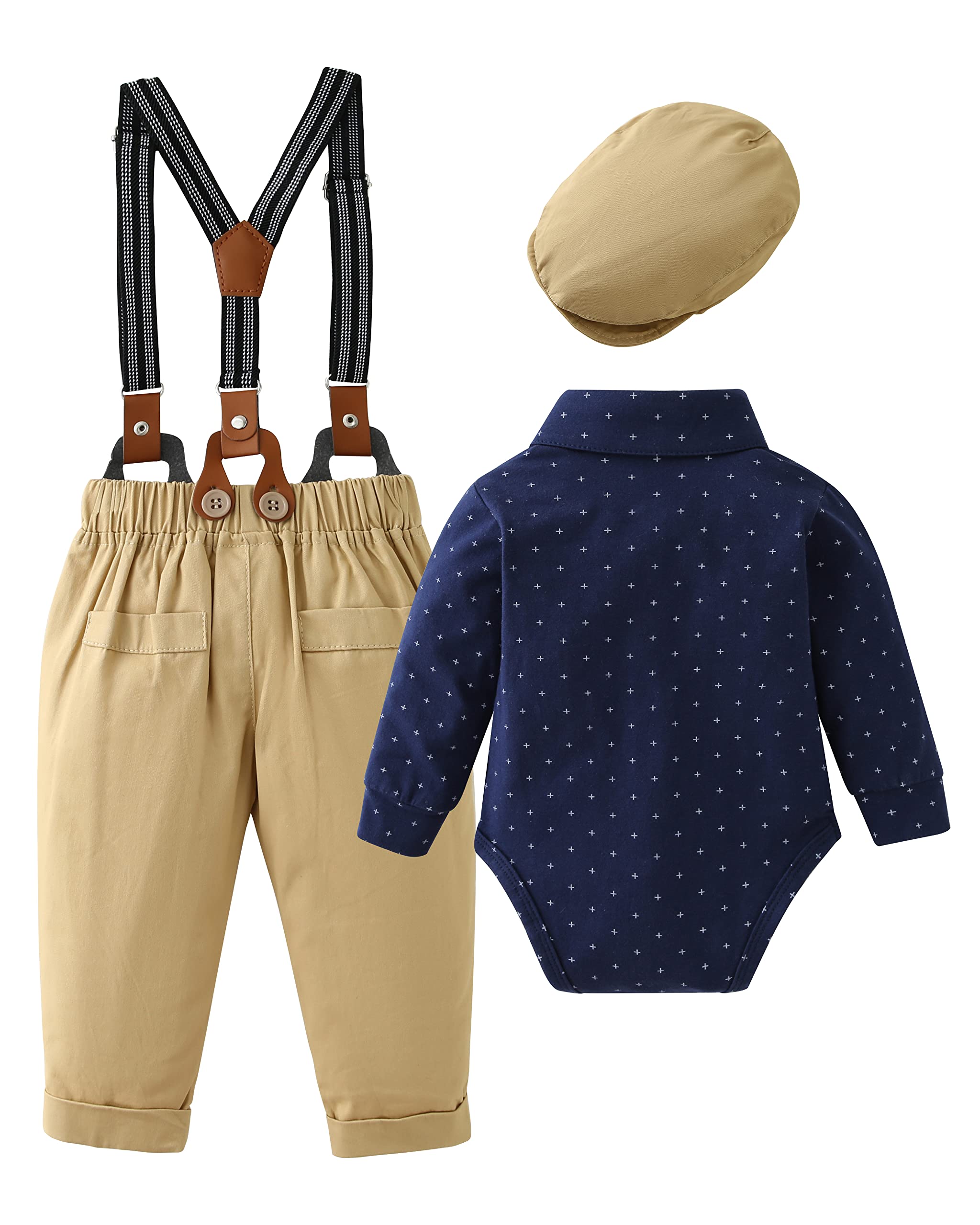 Zoerea Bimbo Neonato Completini Gentiluomo 0-18 Mesi Battesimo Abbigliamento Set Pagliaccetto con Fiocco + Bretelle Pantaloni + Berretti