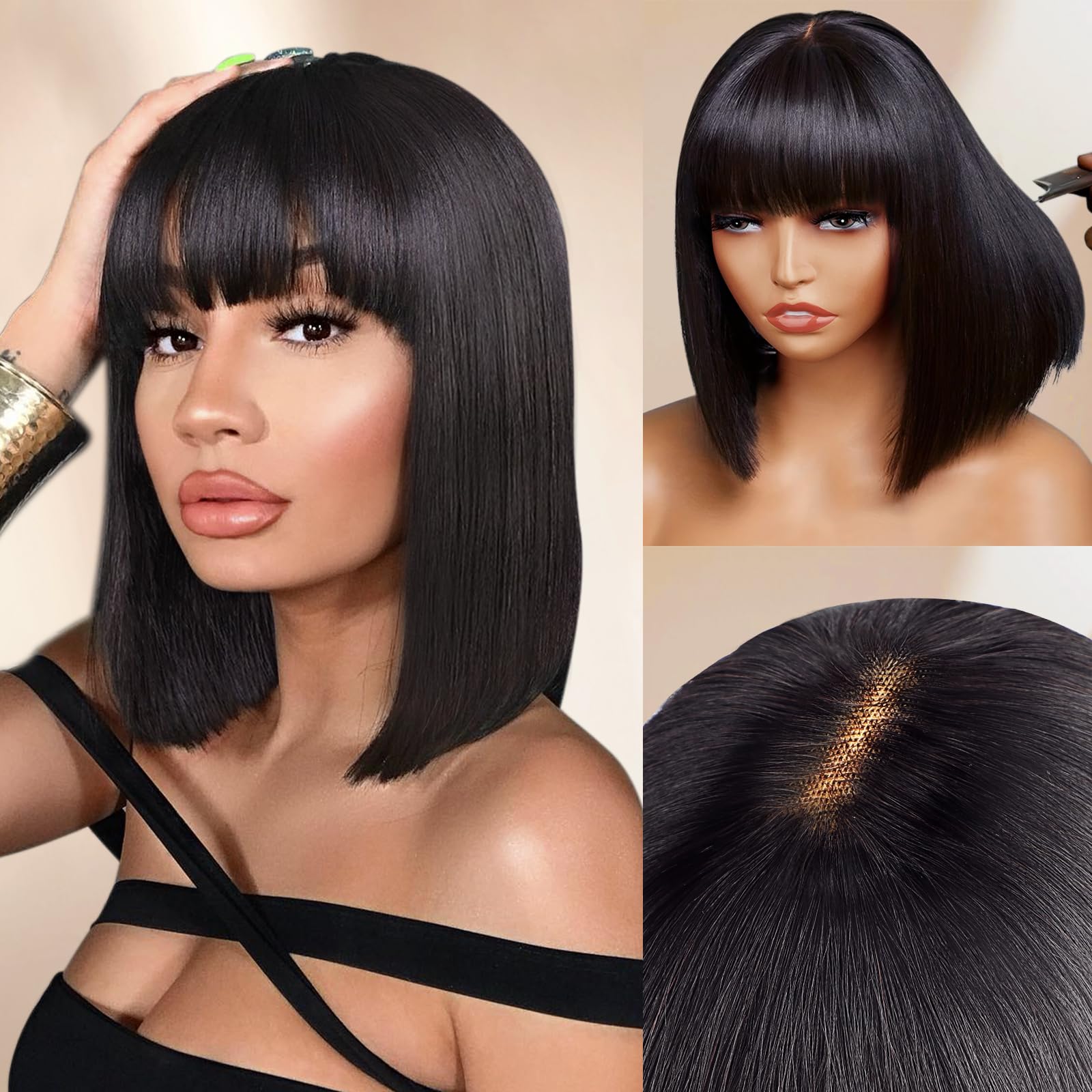 Glueless Straight Bob Wig with Bangs | Lace Front Human Hair Wig 12 main image 2