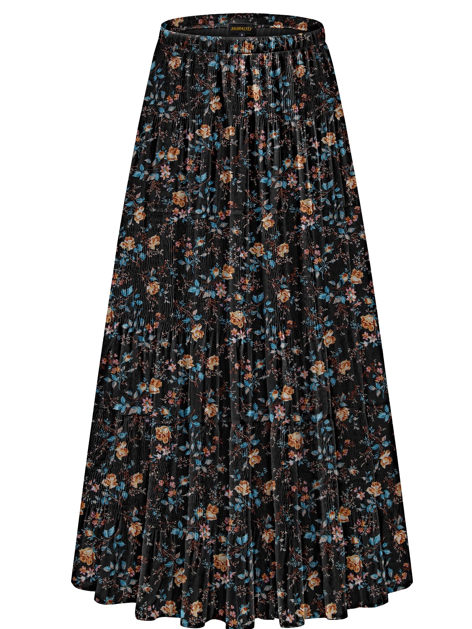 NASHALYLY Women's Chiffon Elastic High Waist Pleated A-Line Maxi Skirts