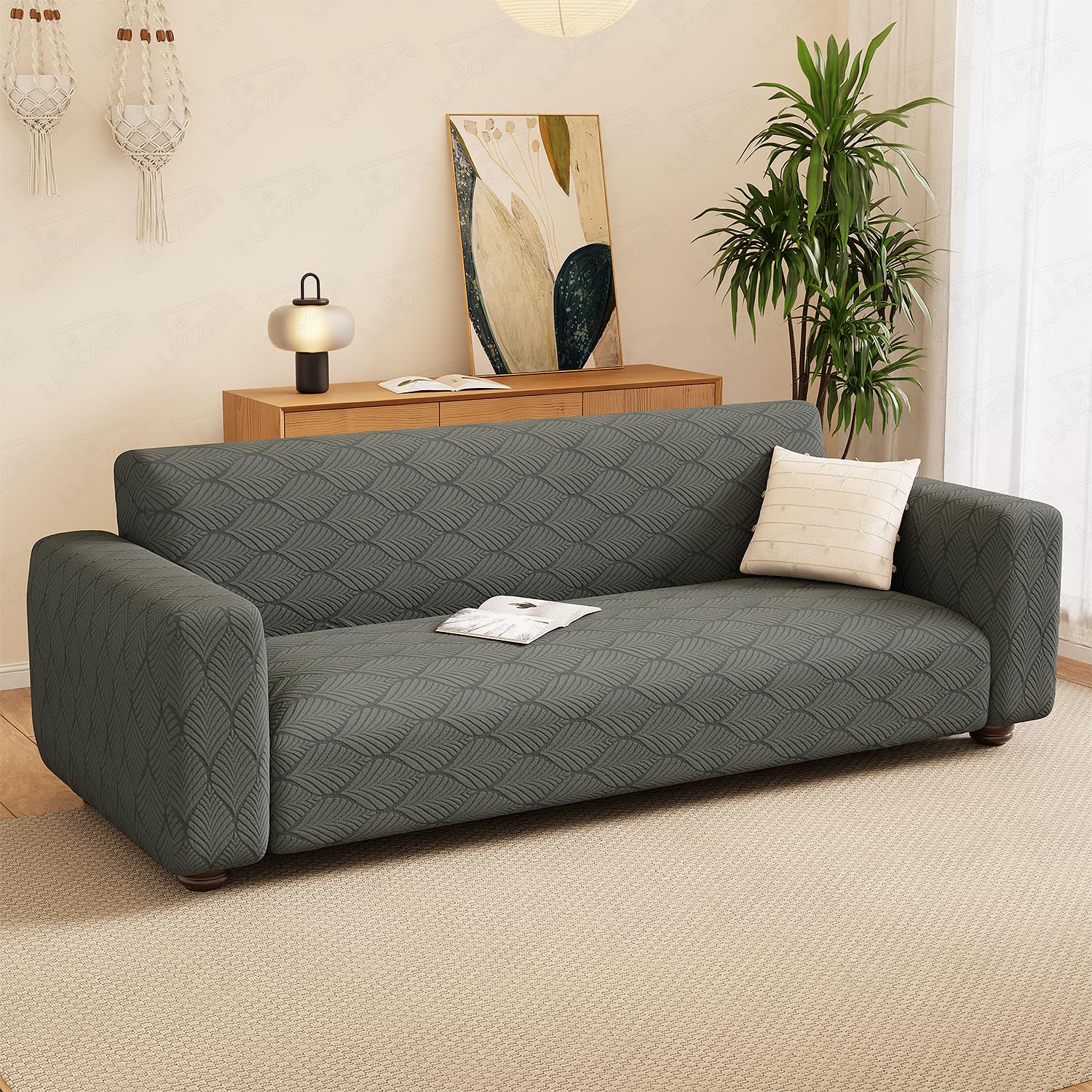 Lukzer 5 Seater Pastel Dark Grey Leaf Trail Pattern Sofa Cover | 240 GSM Universal Stretch Fit 3+1+1 Jacquard Fabric Couch Protector | Fully Covered Anti Slip & Washable Sofa Cover (SC-125-05)