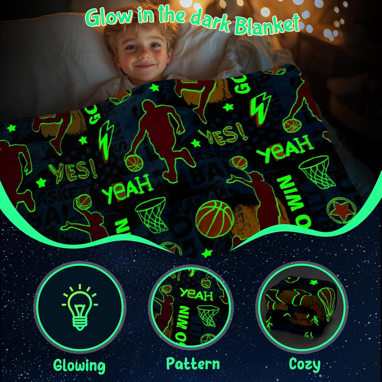 Glow in The Dark Basketball Blankets, Sport Throw Blanket Gifts Toys for Kids Boys, Soft Glowing Bed Blanket Room Decor Present for Girls Teenagers 2 3 4 5 6 7 8 9 10 Years Old, 60"x50" - Image 2