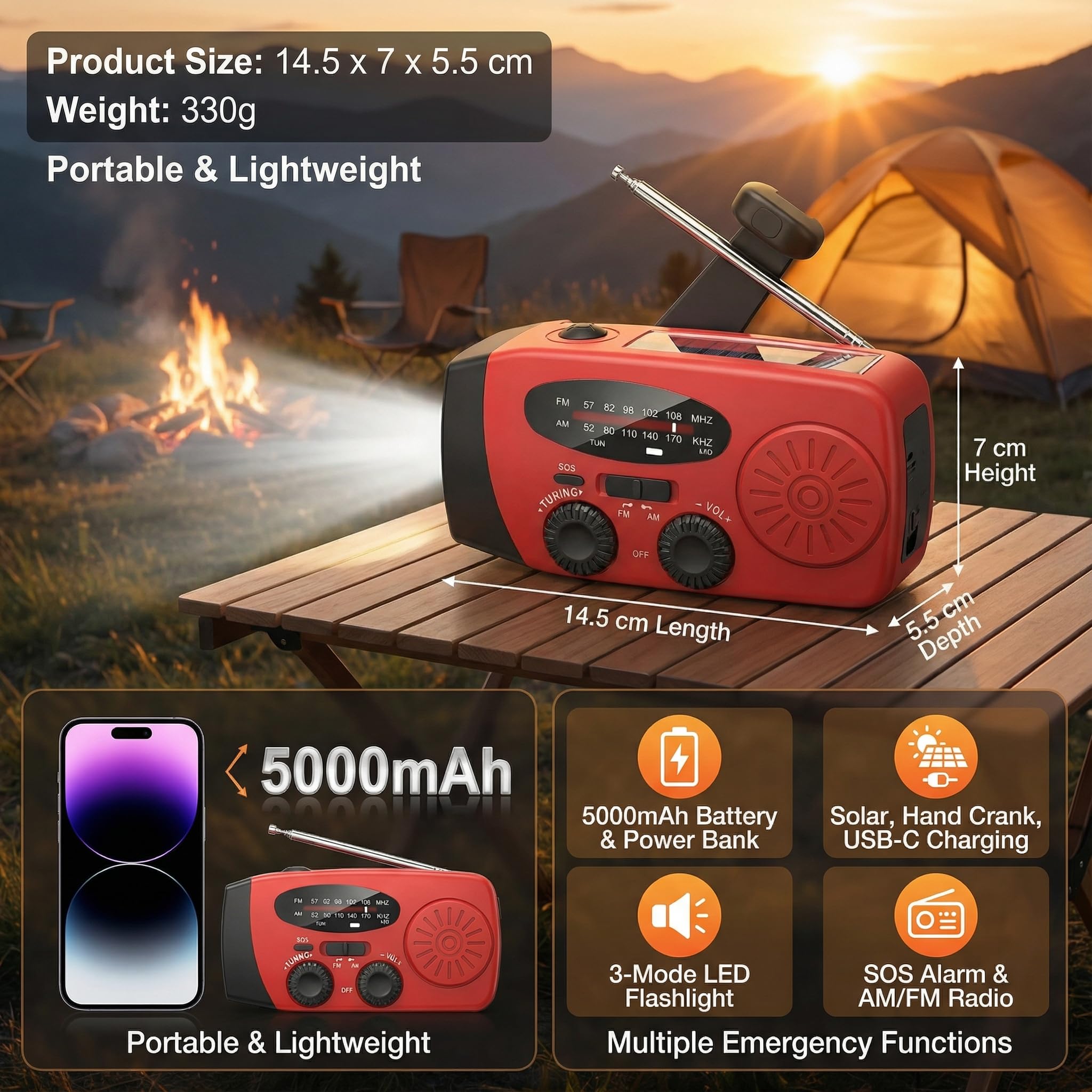 Radio Solar de Emergencia 5000mAh, ZDAGELD Radio Manivela Am/FM, Portátil Power Bank con Linterna LED, USB-C, SOS, Equipo de Supervivencia para Camping, Senderismo y Cortes de Luz