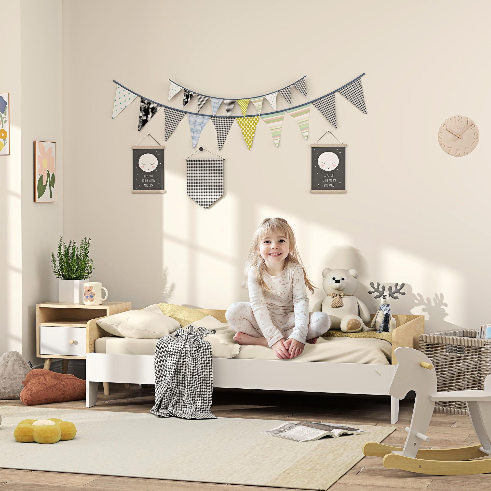 AIYAPLAY Lit Enfant Sommier à Lattes Conception Basse 143,5 x 74 cm Blanc | Panneaux Latéraux Élevés, Meubles de Chambre d'Enfant, Bois