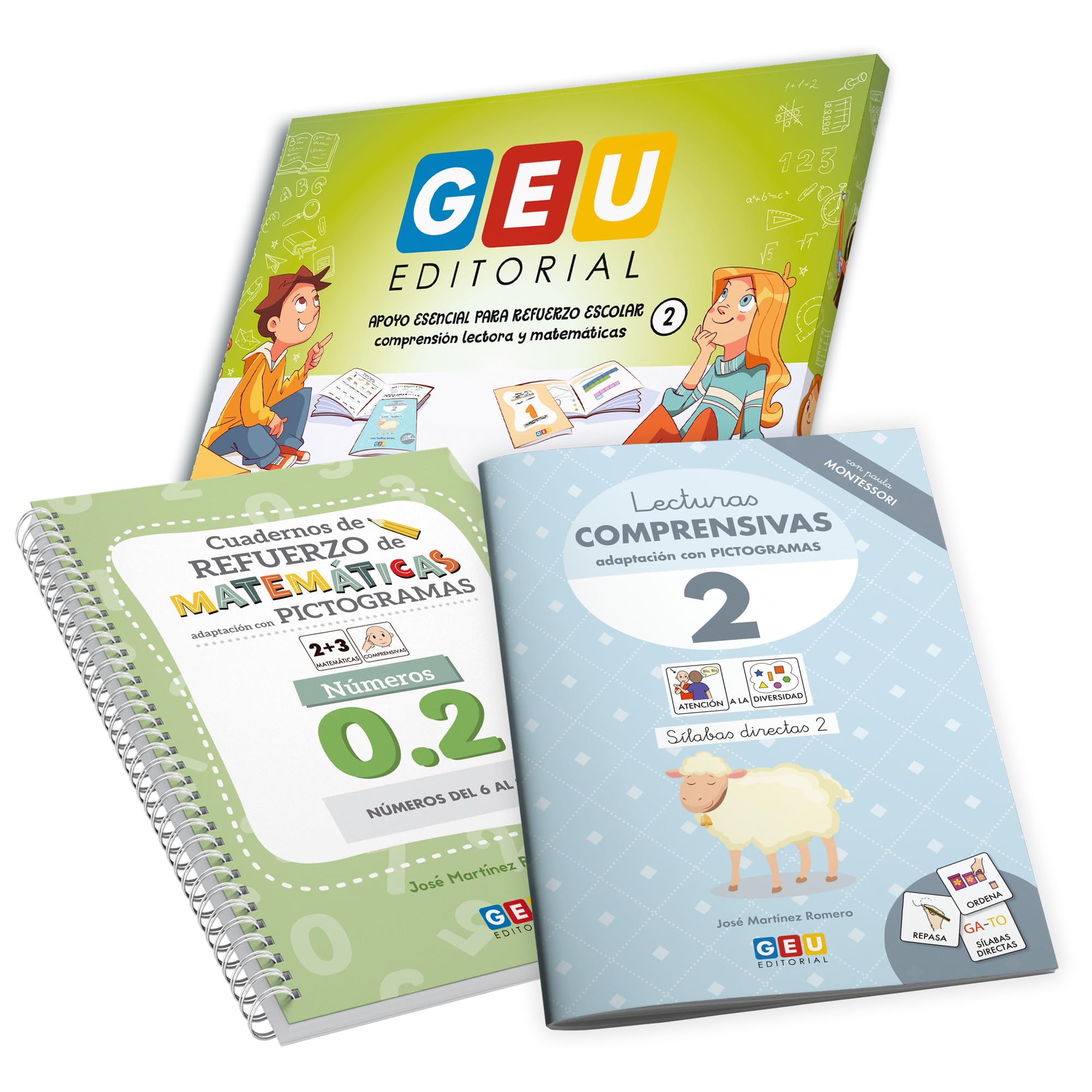 Pack de Apoyo Esencial para Refuerzo Escolar con Pictogramas - Educación Infantil - Lecturas Comprensivas 2 + Matemáticas comprensivas Números 0.2 | Editorial GEU