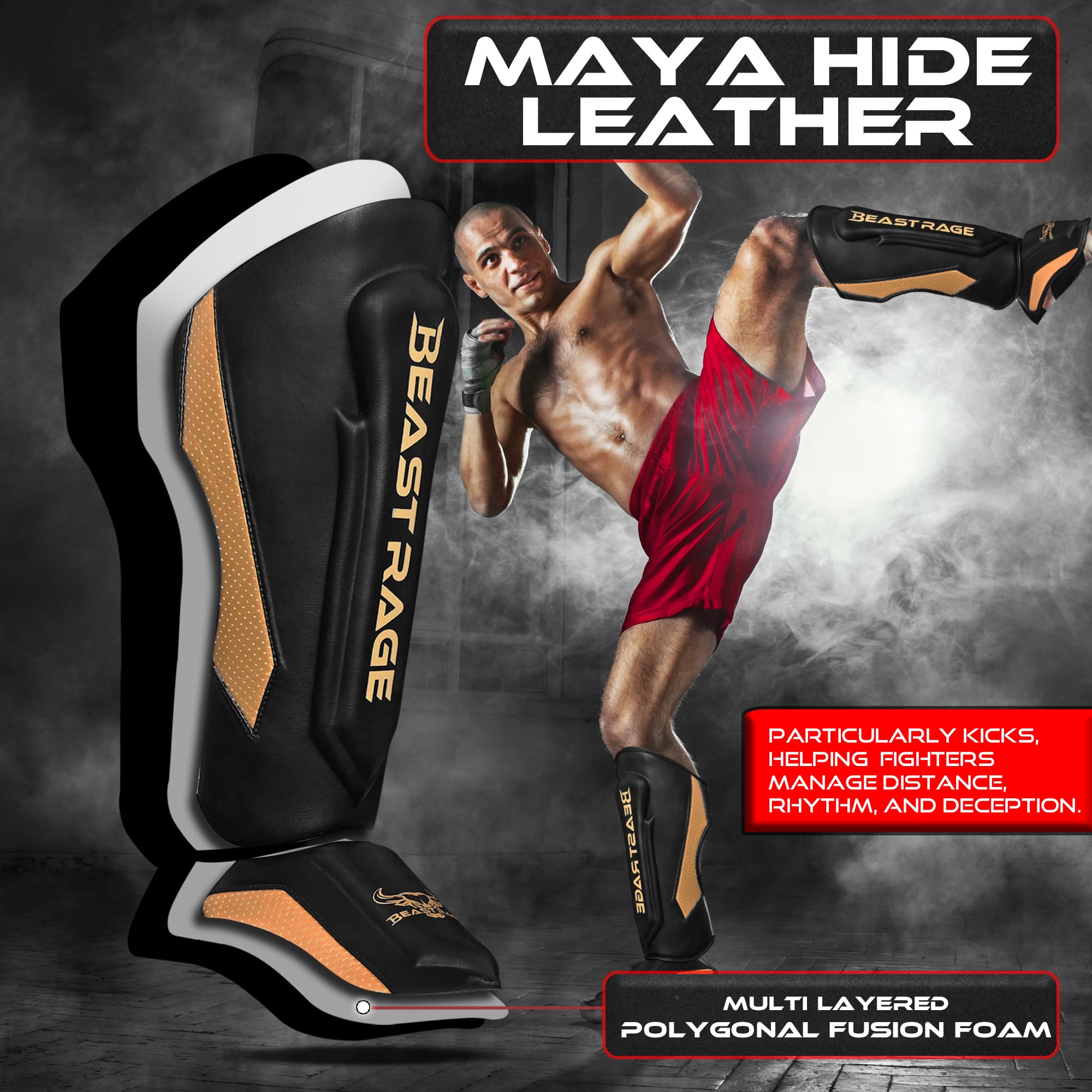 BEAST RAGE Parastinchi per Kickboxing Muay Thai,parastinchi per arti marziali MMA,paragambe con protezione del collo del piede,attrezzatura per allenamento sparring