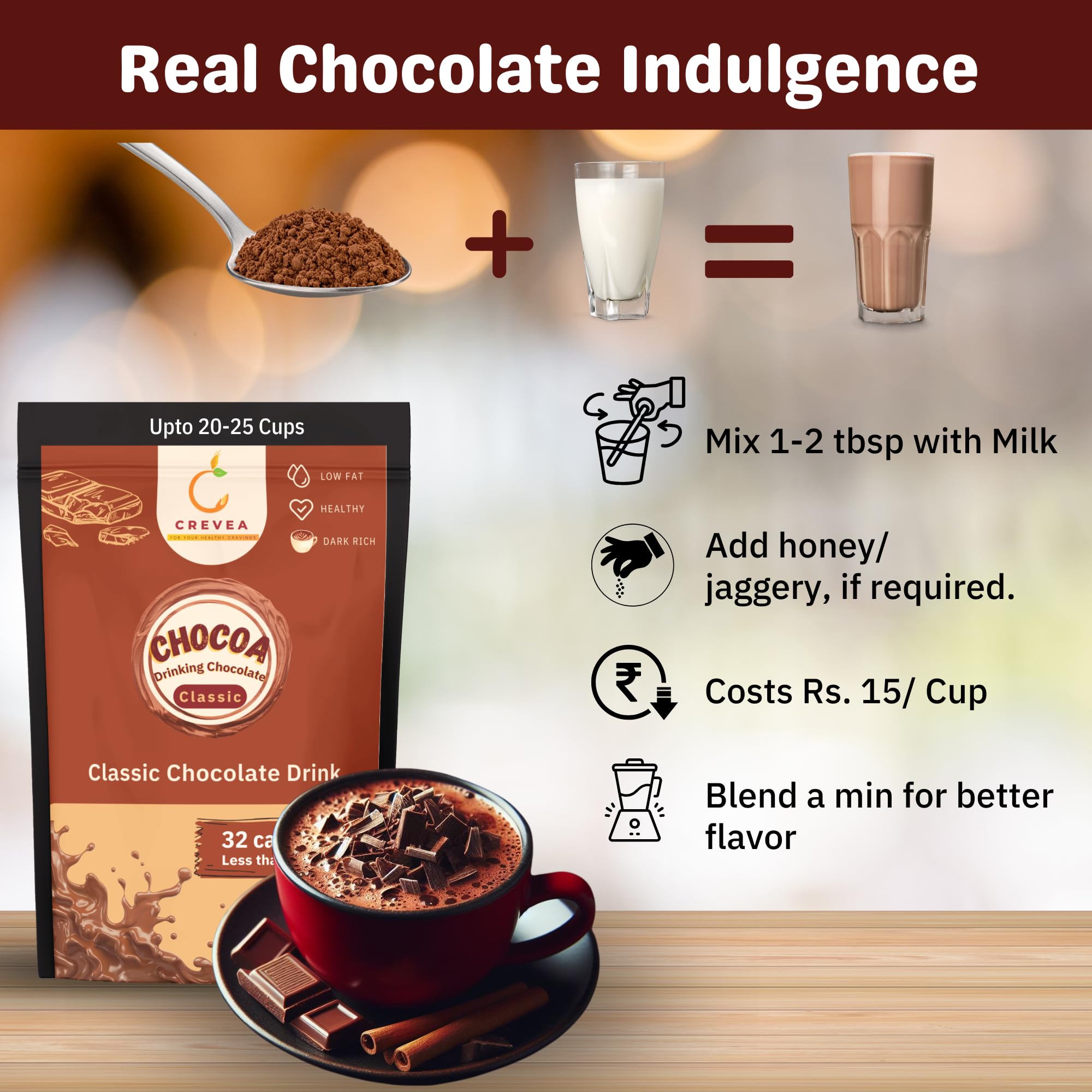 Chocoa Classic Dark: Healthy Hot Chocolate Powder (20-25 Cups)| 65% Premium Cocoa Powder| 50% less sugar| Guilt Free Drinking Chocolate Powder for Milk Mix - Image 6 thumbnail