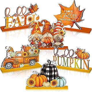 Yousoontic 6 Pcs Thanksgiving Decor for Home Fall Table Centerpieces Decorations Thanksgiving Signs Photo Props Hello Gnomes Pumpkin Truck Tabletop Signs for Autumn Harvest Party Tiered Trays Decor