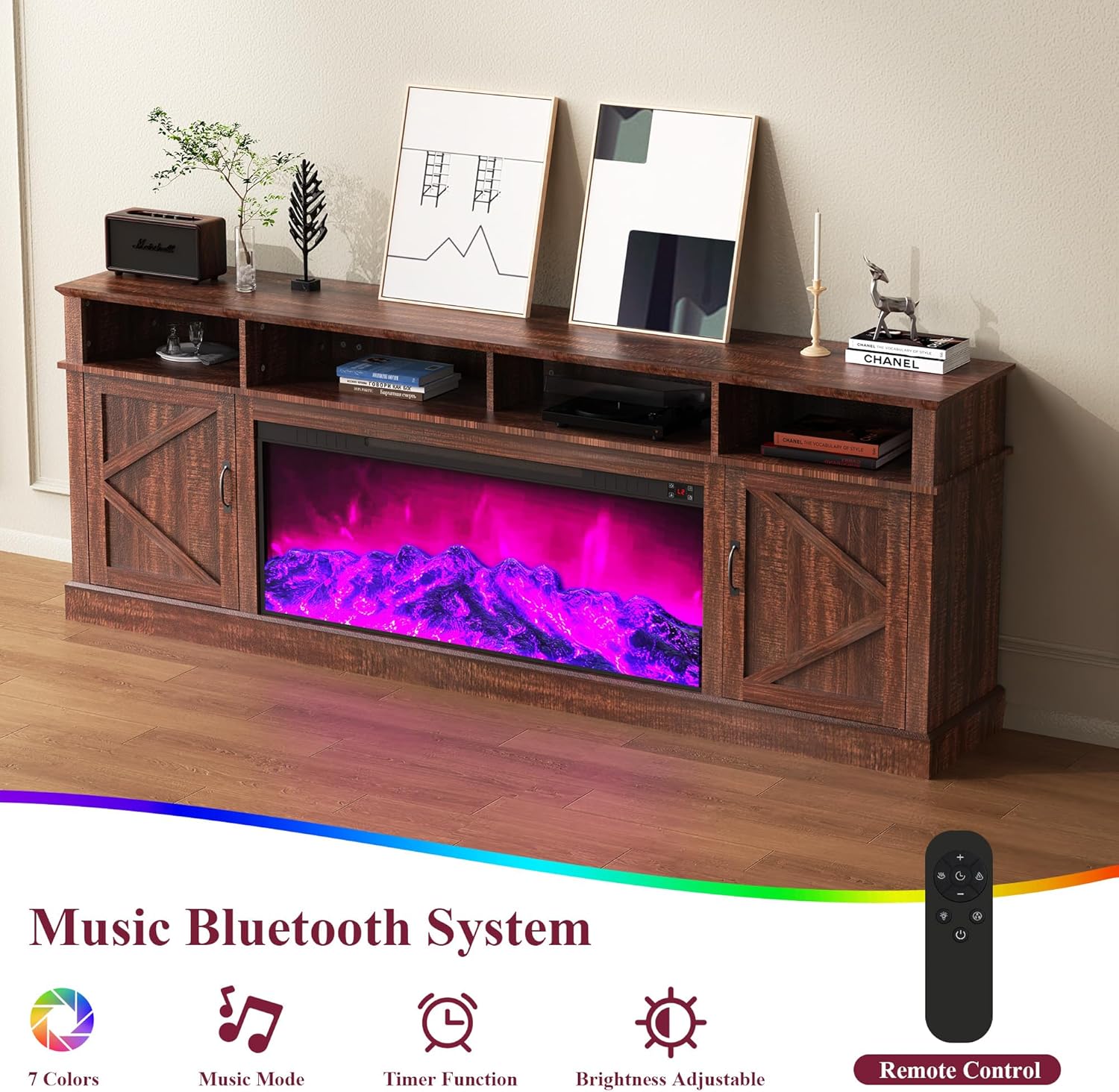 Farmhouse Fireplace TV Stand, 90 Inch Electric Fireplace TV Console with Double Barn Doors, Entertainment Center with Storage Cabinets & Adjustable Shelves for Living Room, Brown