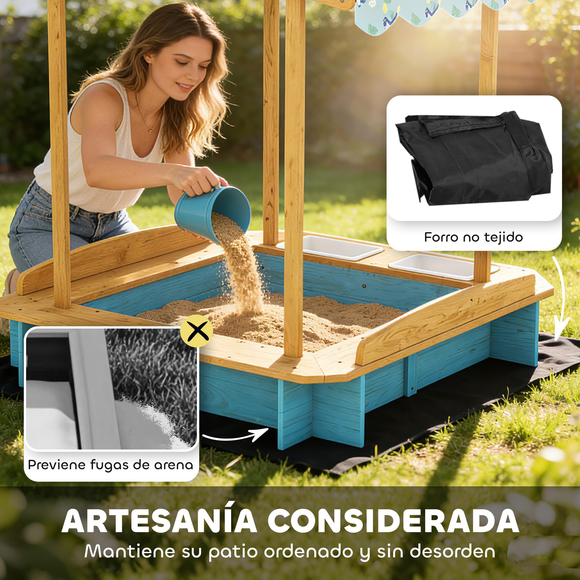 AIYAPLAY Arenero para Niños de Madera con Techo, Arenero Infantil con 3 Bancos, 2 Cajas de PP, Forro, Caja de Arena para Niños de 3-6 Años, para Patio, Jardín, Balcón, 128x118x121 cm, Azul