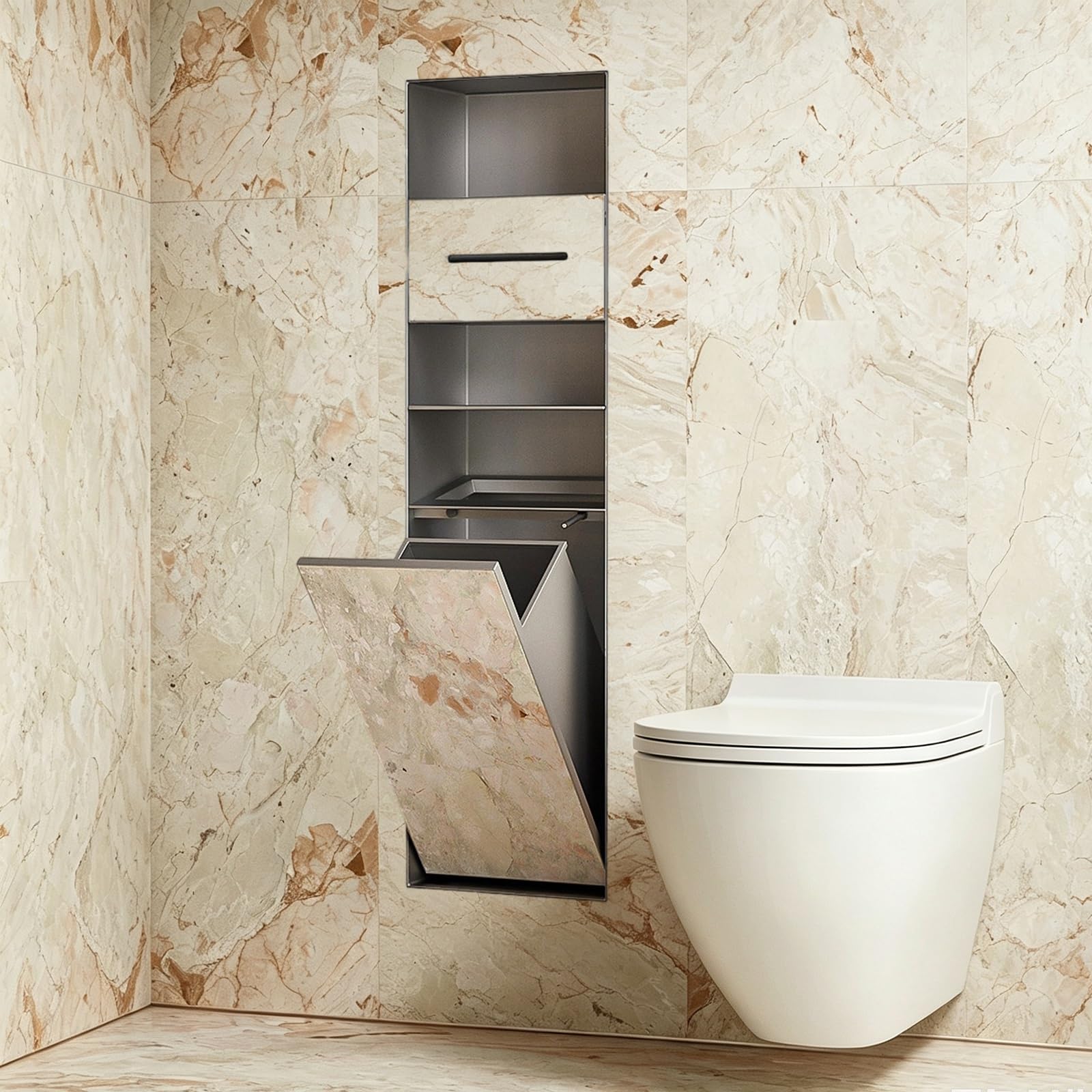 MESCXTY 4-in-1 Tileable Recessed Bathroom Niche, in-Wall Hidden Toilet Paper Holder, Trash Can & Brush Storage, Flush Mount 304 Stainless Steel Organizer