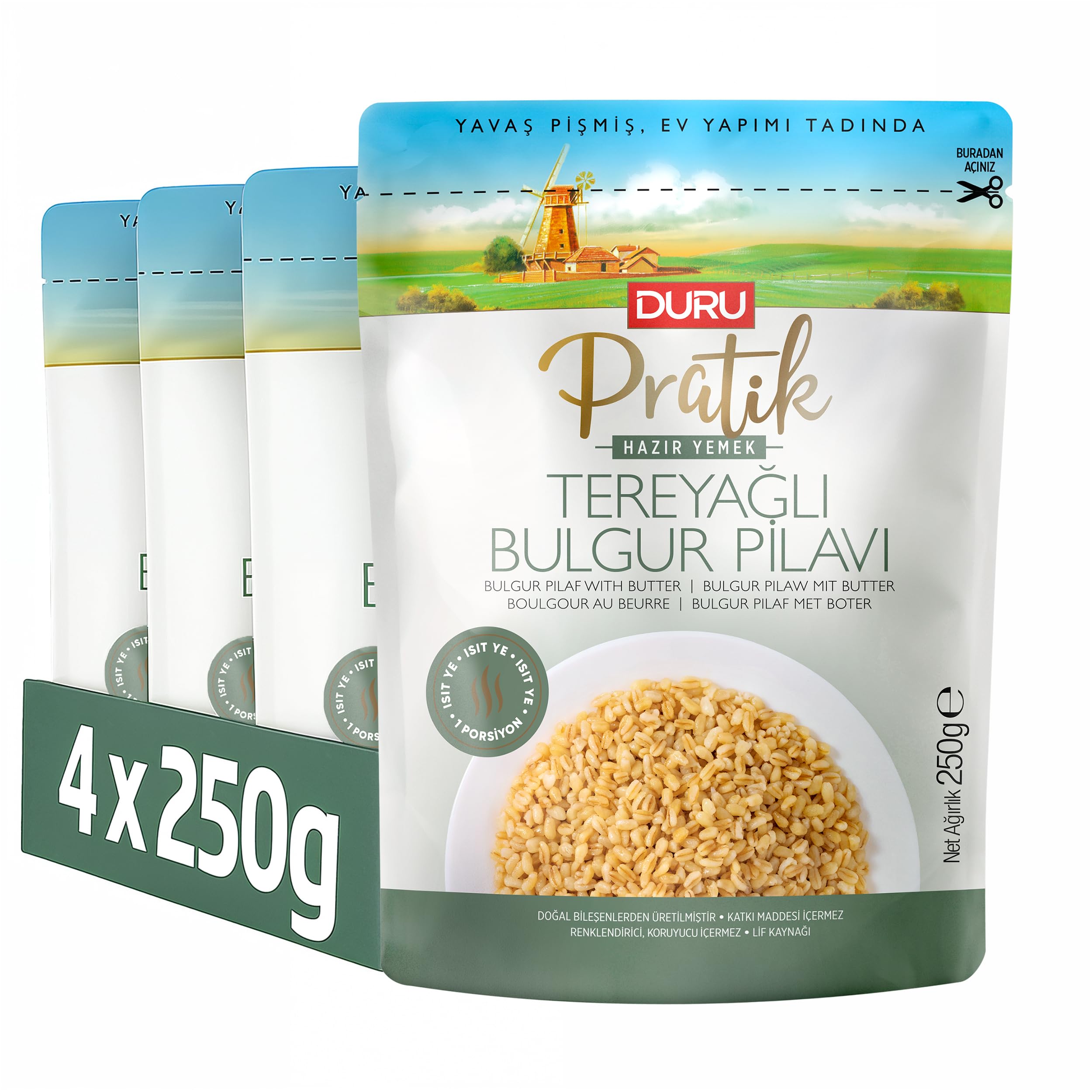Duru Ready Bulgur Pilaf with Butter, 250g x 4 Pack – Heat & Eat, 100% Natural, Non-GMO, BPA Free, No Trans Fat, No Preservatives