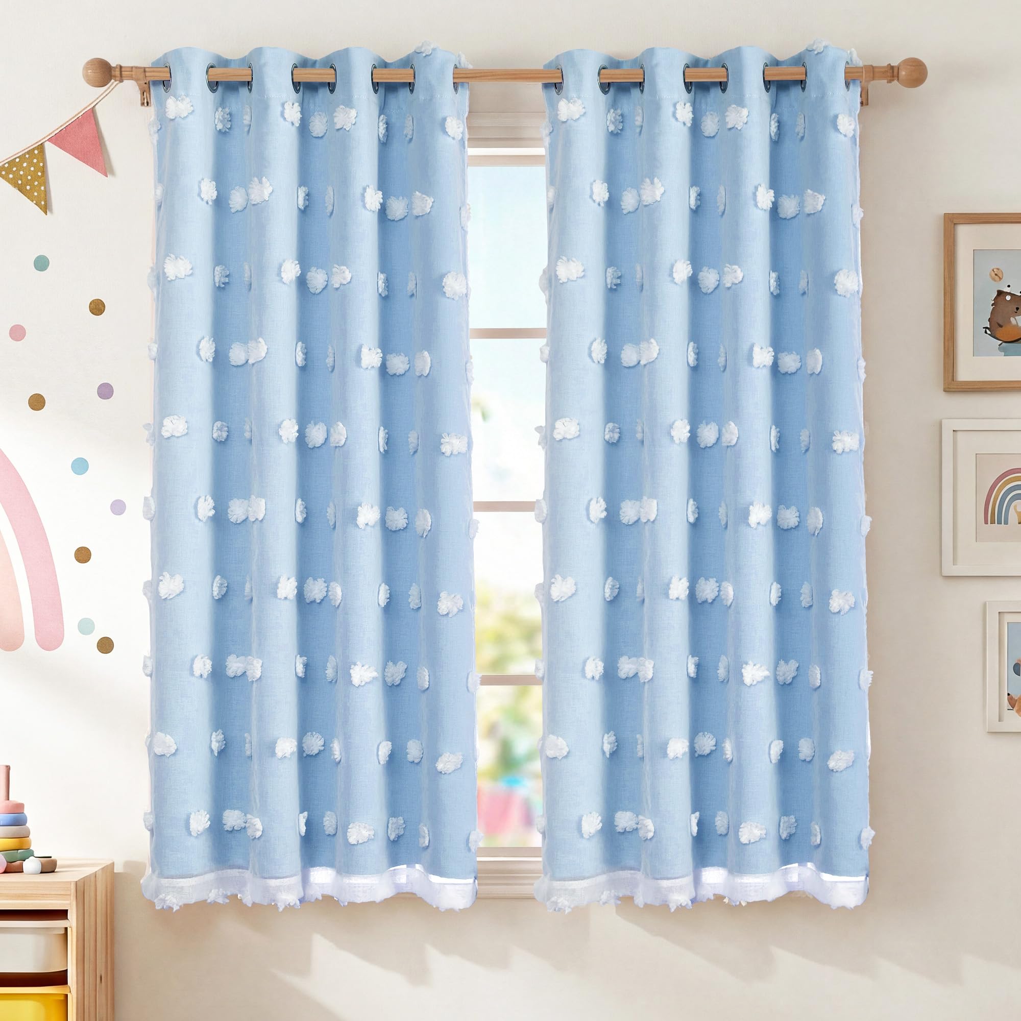 RYB HOME Pom Pom Blackout Curtains - Blue, Purple, Pink -16