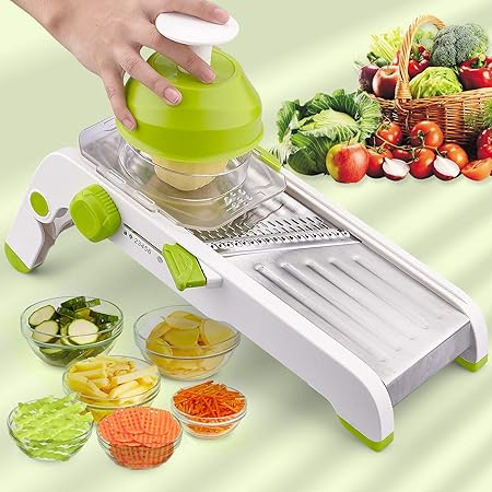 Amazon Com Multifunctional Vegetable Grater Mandoline Slicer Fruit Peeler Waffle Chopper French Fry Shredder Veggie Chip Cutter Lemon Onion Julienne Safety Hand Guard Adjustable Thicknesses Kitchen Tool Green Home Kitchen