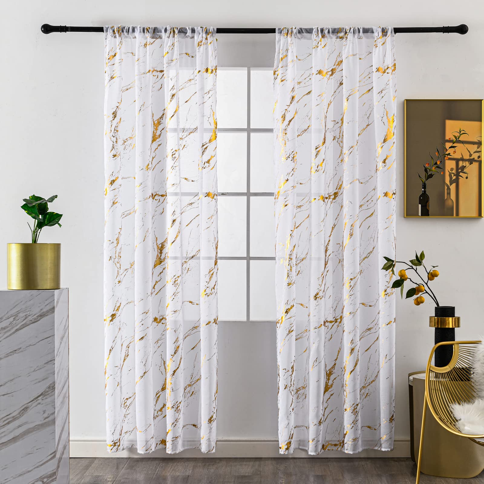 Sutuo Home Marble White Sheer Curtains 84 Inch Length, Gold Foil Print Metallic Bronzing, Privacy Window Treatment Decor Abstract Drape Pair 2 Panels Set for Bedroom Kitchen Living Room 52