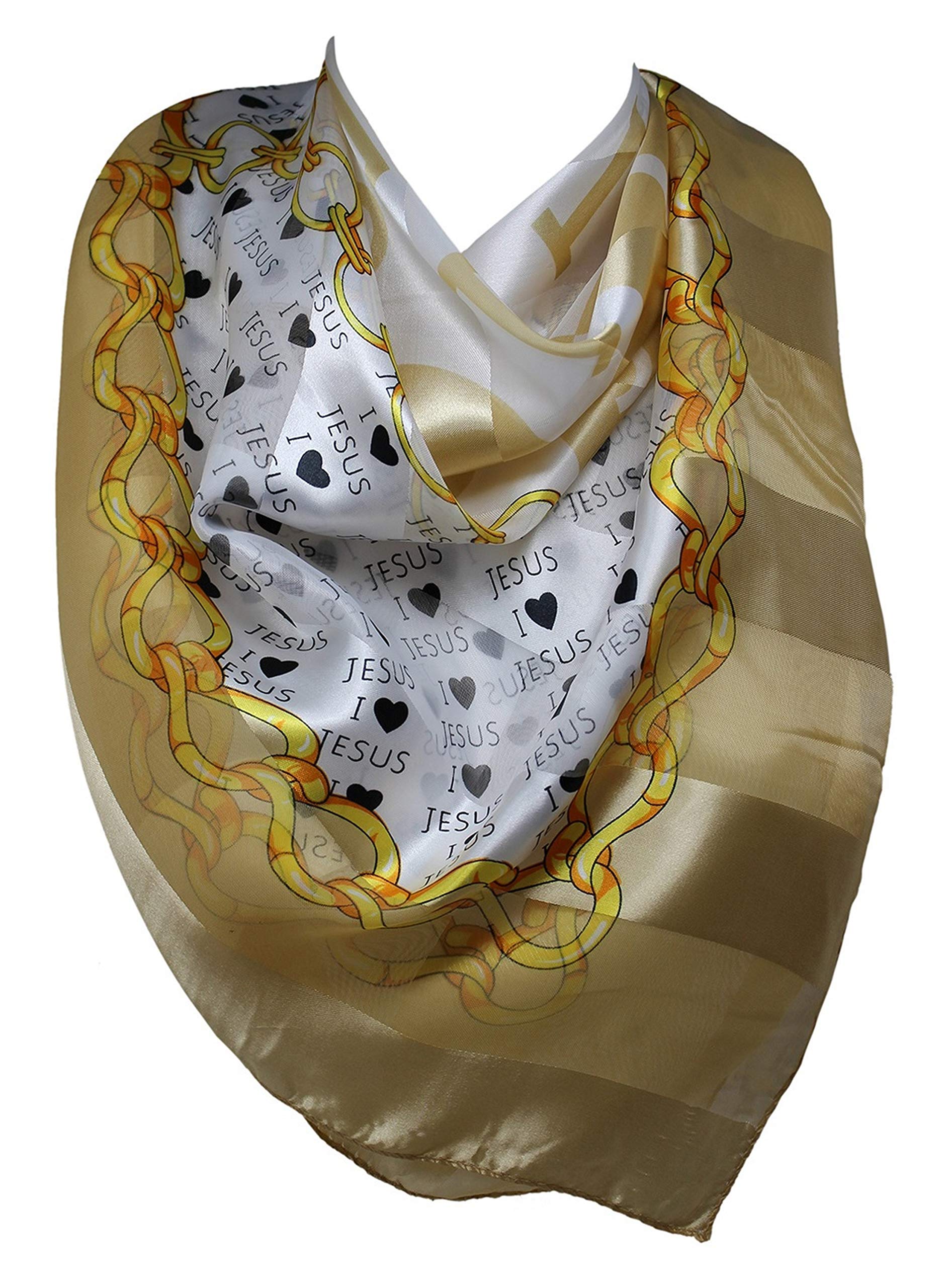 Scarf Shack Women's Beige Self Embossed Striped ‘I Love Jesus’ And Heart Print Silk Satin Square Bandana Neck Scarf, Head Scarves, Neckerchief (Beige)