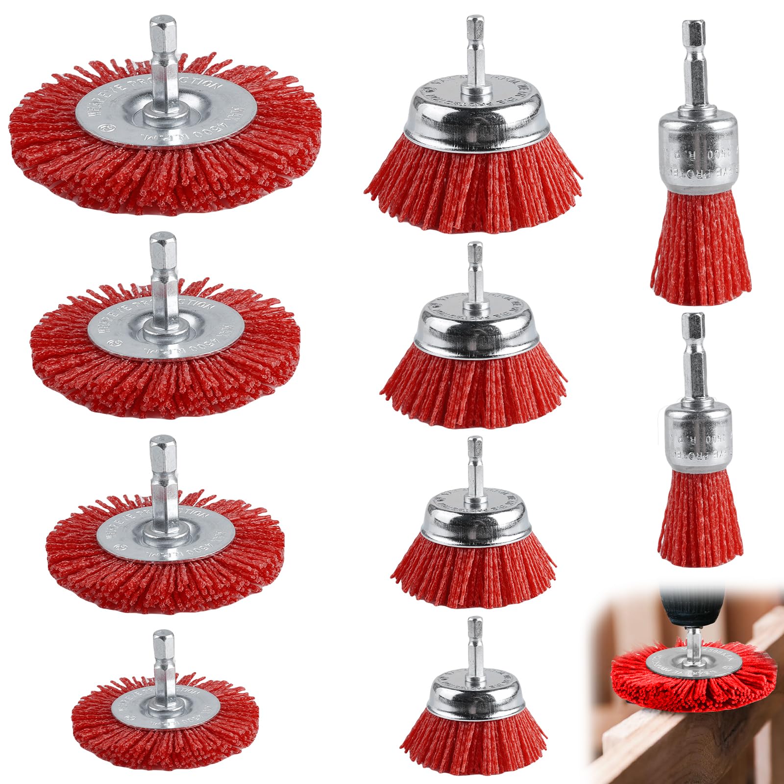 10 cepillos de nailon, alambre de nailon con vástago hexagonal de 1/4 pulgadas, accesorio de lijado para taladro, 6 tamaños, juego de cepillos de nailon para eliminar el óxido y el alambre de lijado