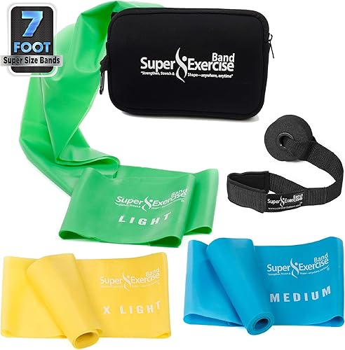 Banda Super Ejercicio USA 7 pies de largo bandas de resistencia juego de 3. Aplicación para iPhone, libro electrónico, ancla de puerta y bolsa de