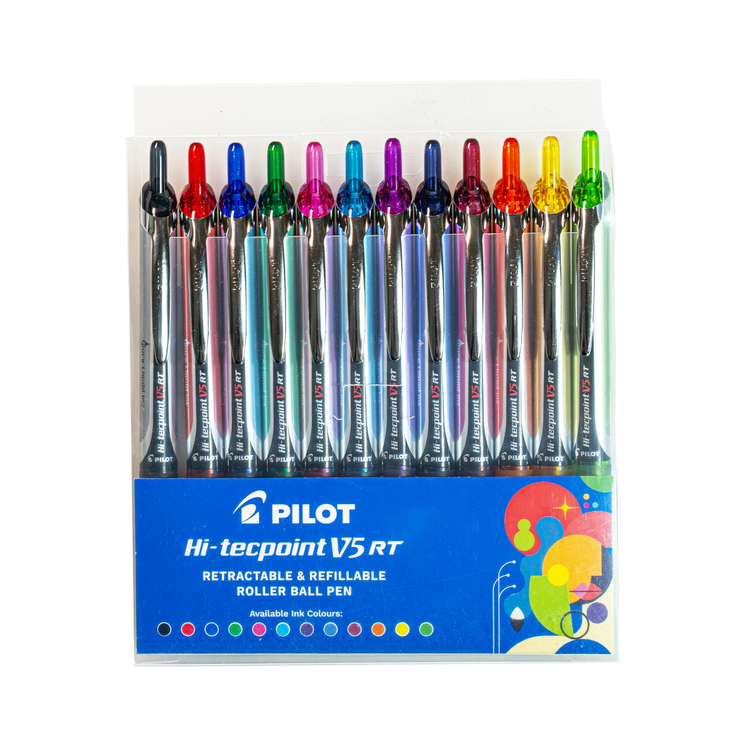 Pilot Hi-techpoint V5 RT Roller Ball Pen Set, 12 Assorted Colours, Retractable and Refillable