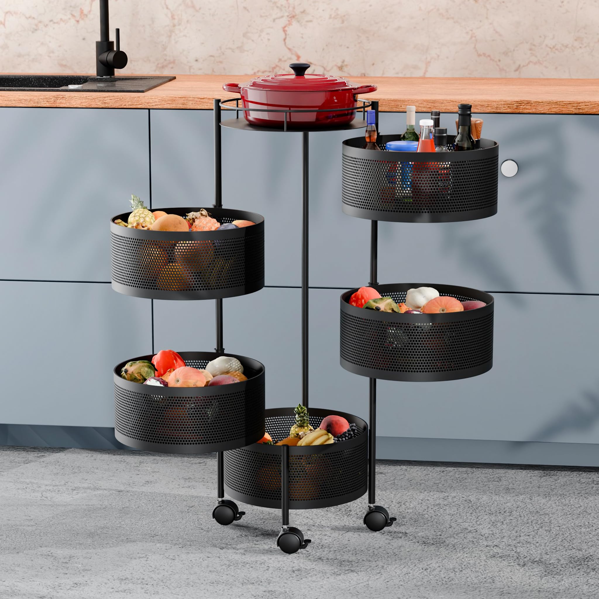TEX-RO Kitchen Trolley with Wheels | 5-Layer Metal Vegetable Basket Stand & Kitchen Storage Rack | Multipurpose Kitchen Organizer for Onion Potato Storage(Round)