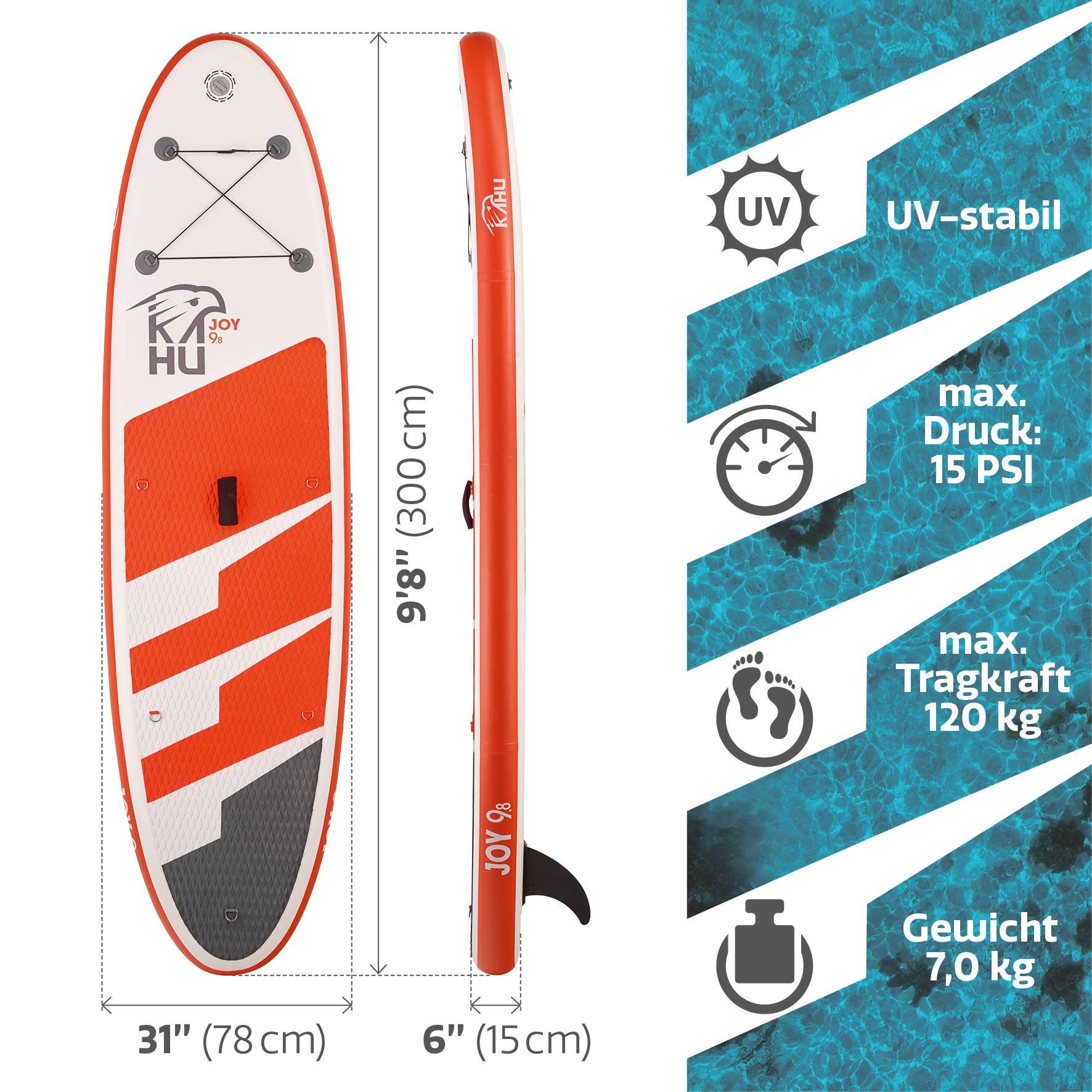 KAHU® Joy 9’8’’ Stand up Paddling Board – aufblasbares iSUP Board komplett Set inkl. Alu-Paddel und Pumpe - Allroundboard für Einsteiger – 15cm Dick – 120kg Traglast – Kajak Sitz als Zubehör – Orange