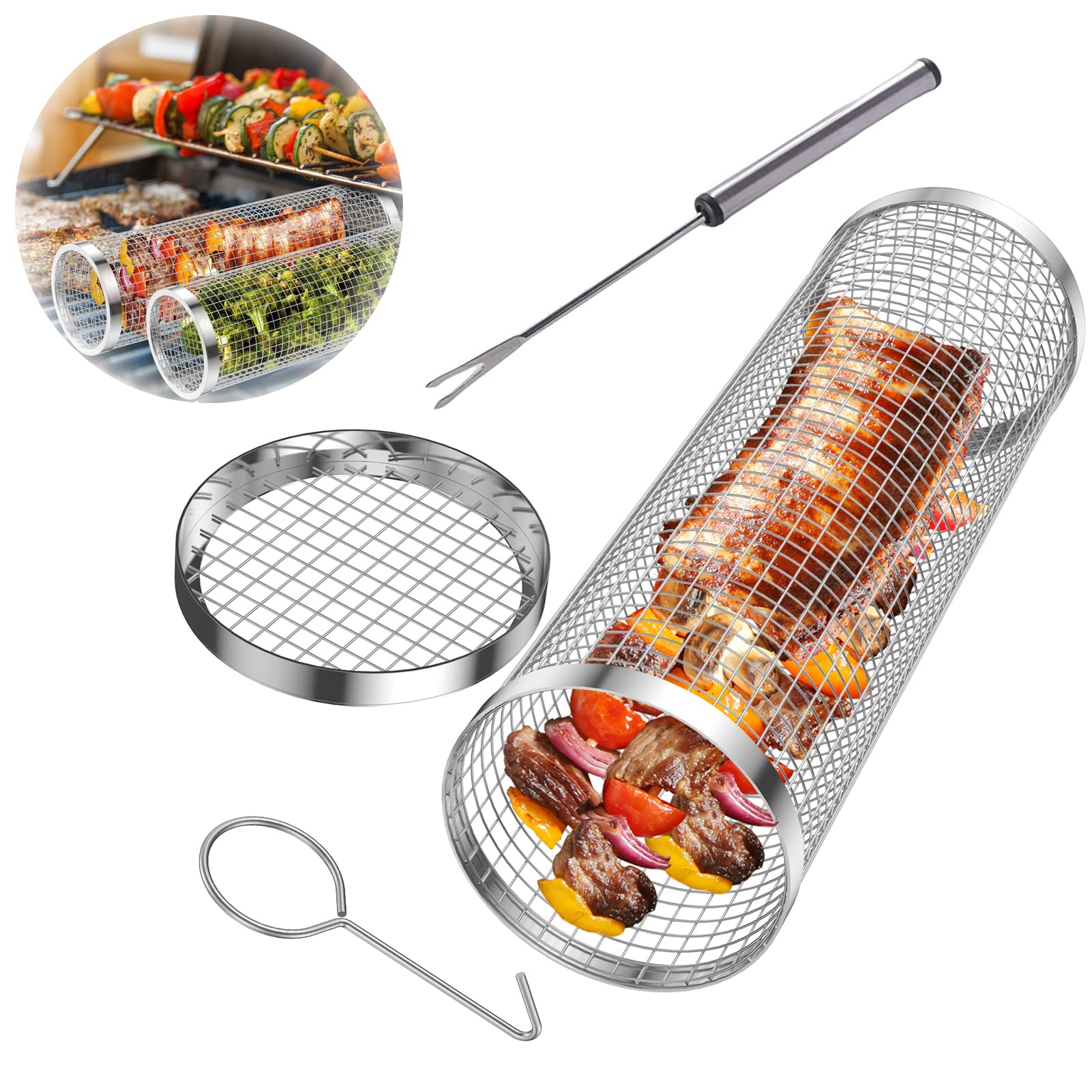 Kosz do grillowania na kółkach, ze stali nierdzewnej, okrągły kosz do grillowania, rura siatkowa, na kemping, piknik, wielofunkcyjne akcesoria do grillowania, S, 3 szt