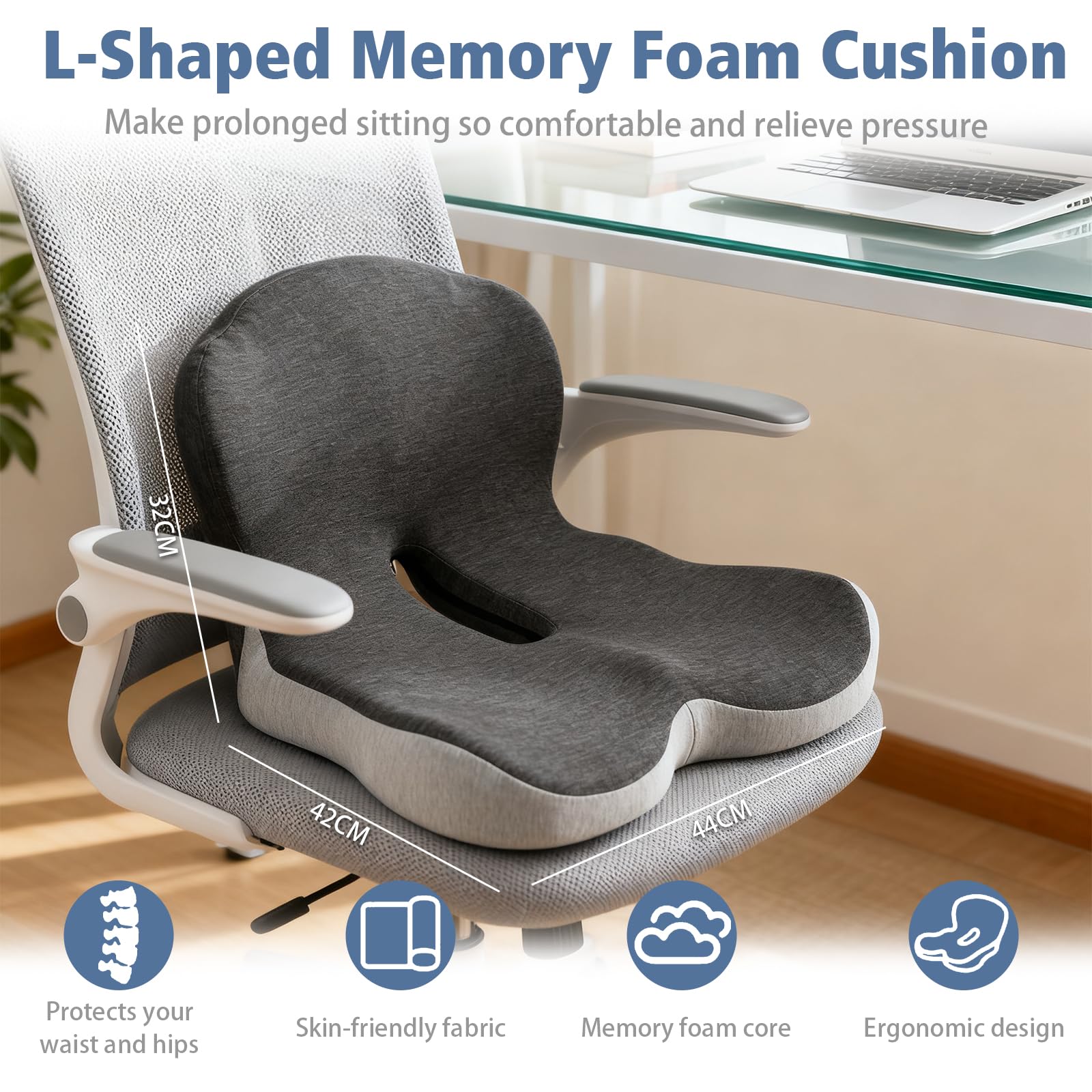 Cuscino Ortopedico a L Memory Foam per Alleviare la Pressione sul Coccige | Memory Foam e Poliestere, Per Auto e Ufficio, Fodera Lavabile, Supporto Lombare