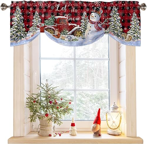 Cenefas de Navidad para ventanas de cocina, Let it Snow, muñeco de nieve, camión, árbol de Navidad, búfalo rojo y negro, cenefa con bolsillo para