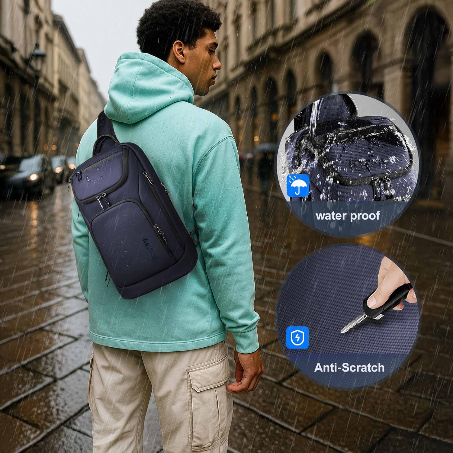 hk Sling Bag for Man, Waterproof Utility Crossbody Bag with Anti-theft Pocket for Men, Sling Backpack for Daily Commute, Work, College, 14 * 7.8 * 4.5 inches,Blue - Image 3
