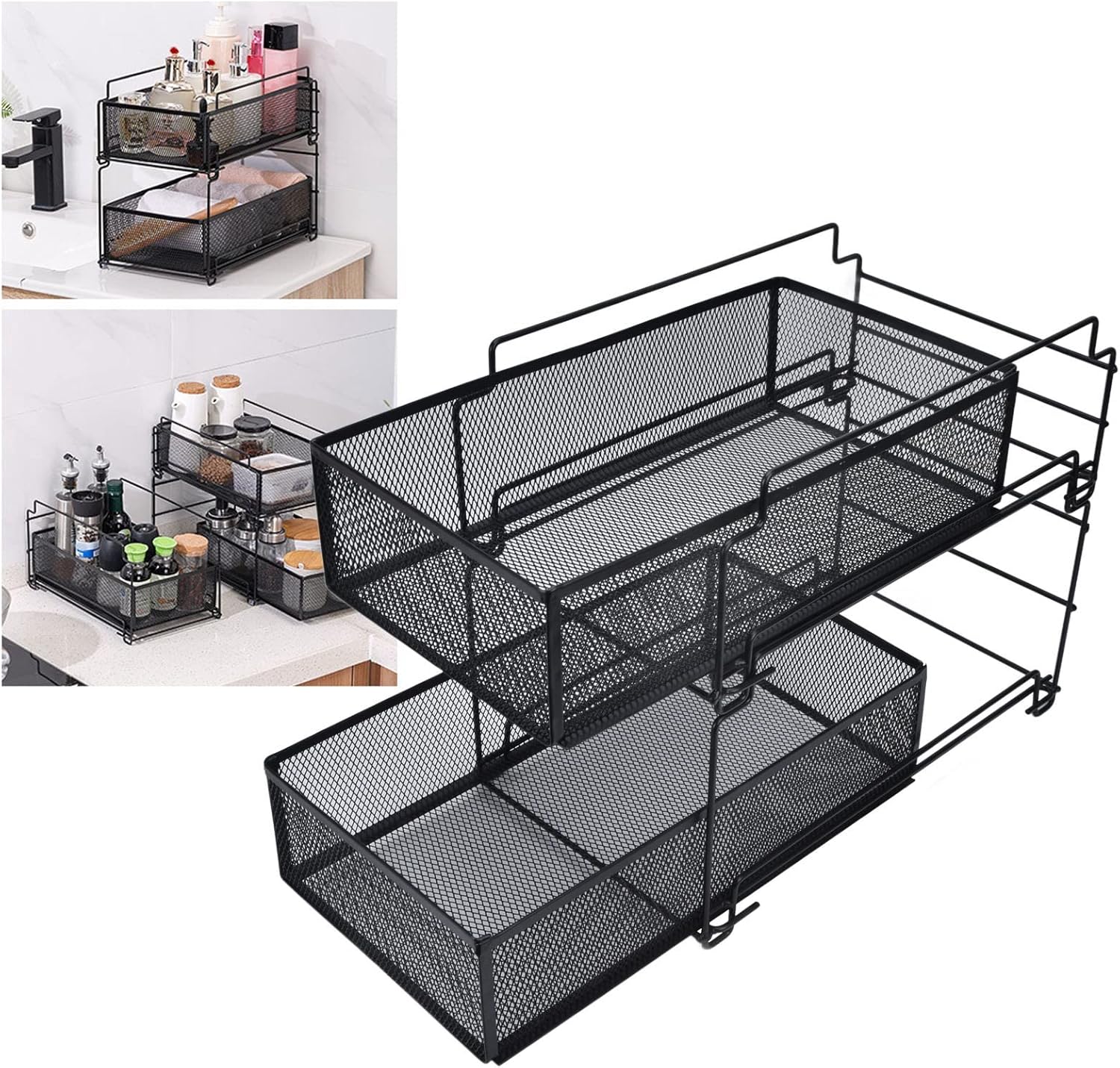 2 Tier Metal Mesh Storage Baskets Organizer Kitchen Storage Drawer Basket Rack Multilayer Kitchen Shelf Sliding Under Sink Drawer Large Capacity Metal Wire Fruits Stand Organizer