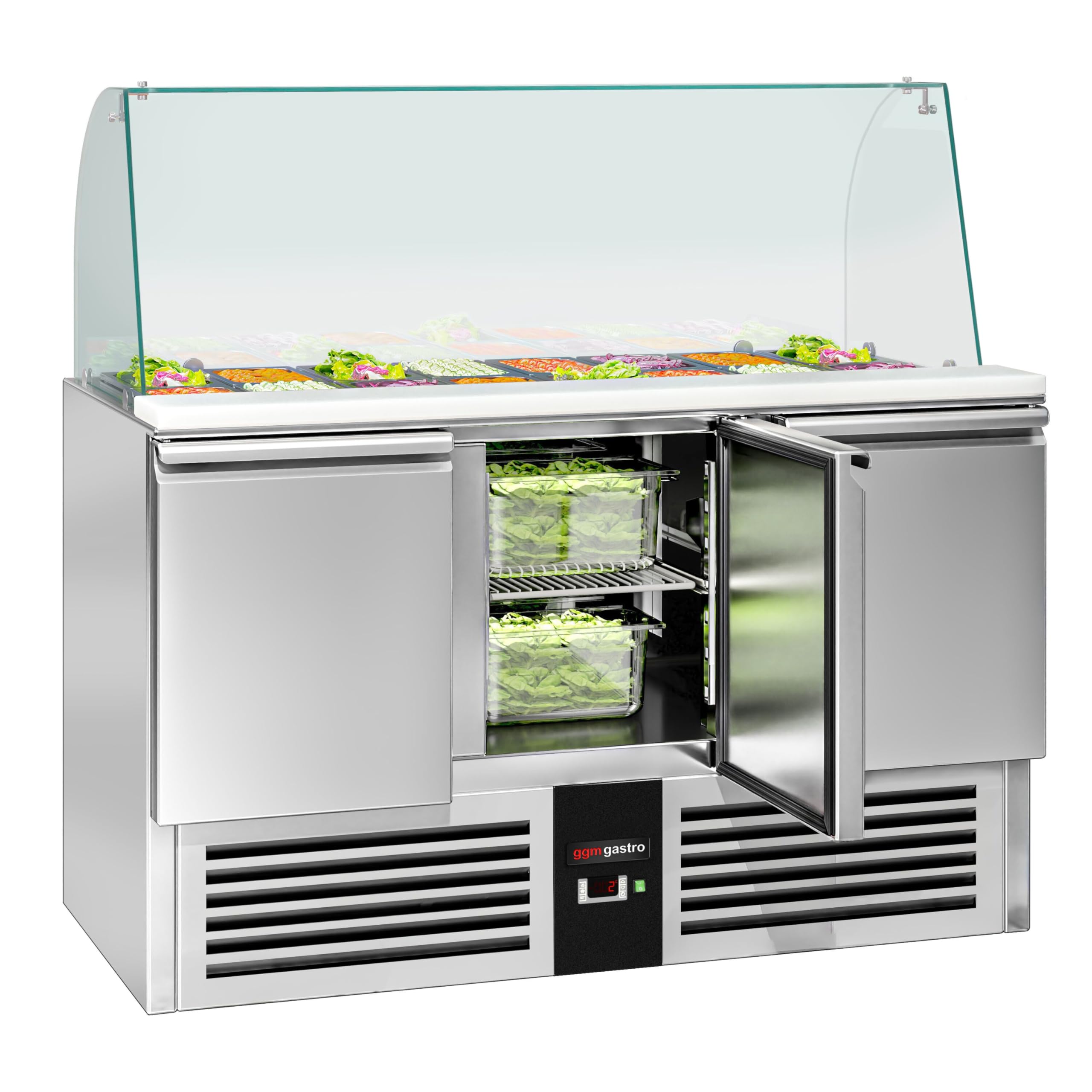 GGM Gastro Saladette PREMIUM - 4x GN 1/1 - Tapa de vidrio alta - 3 puertas - 368 litros - 240 W - Función de descongelación automática - Frente negro - Acero inoxidable - SAG147DRG#GSG147