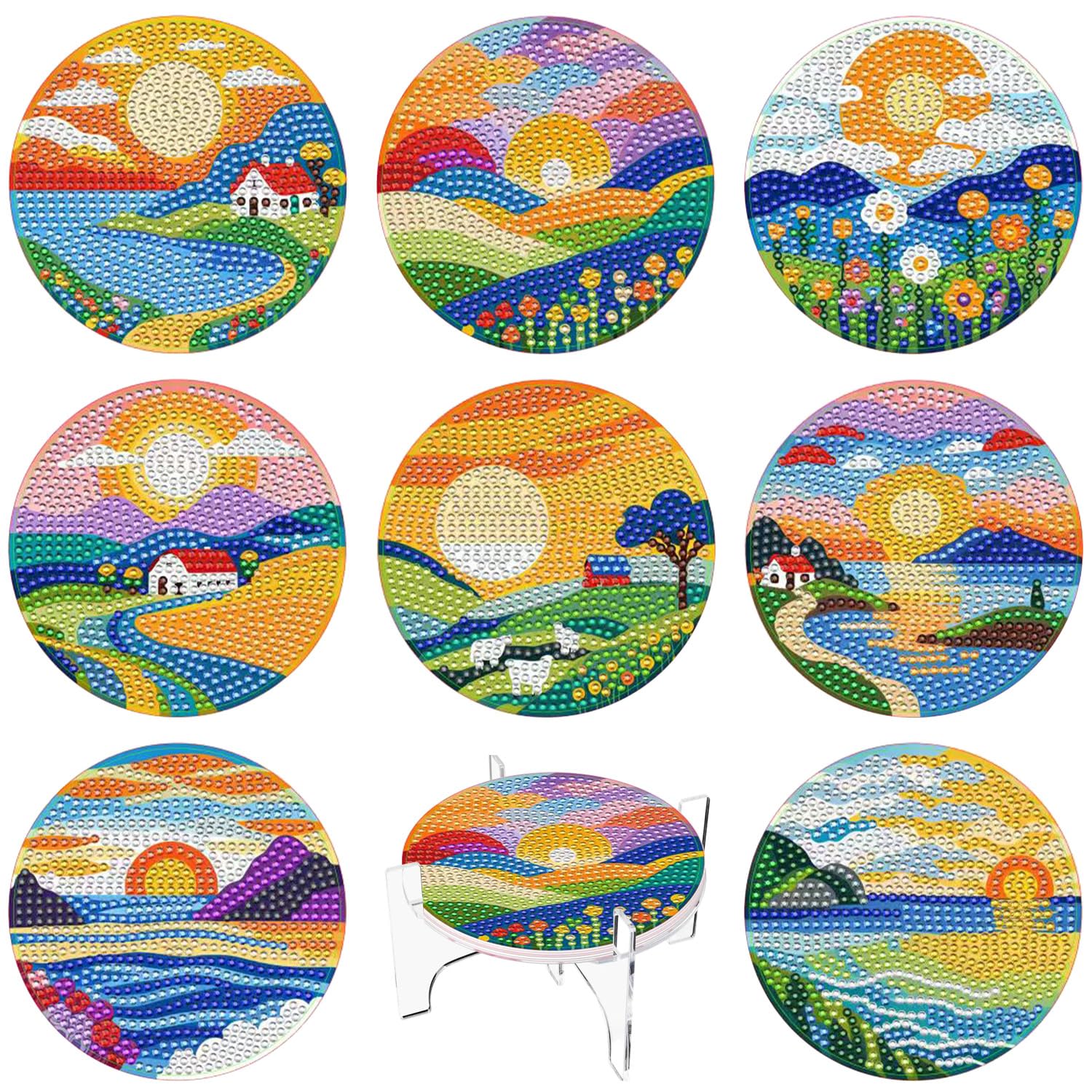 8 PCS Diamond Art Coasters Set, Sunset Landscape Diamond Painting Coasters