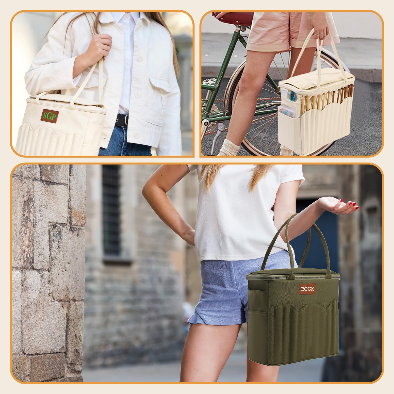 Personalisierte Häkeltasche Name, Stilvolle Garn Tasche Projekte, Leinwand Organizer Mehrere Taschen Löcher, Strick Geschenk Liebhaber Oma Mama