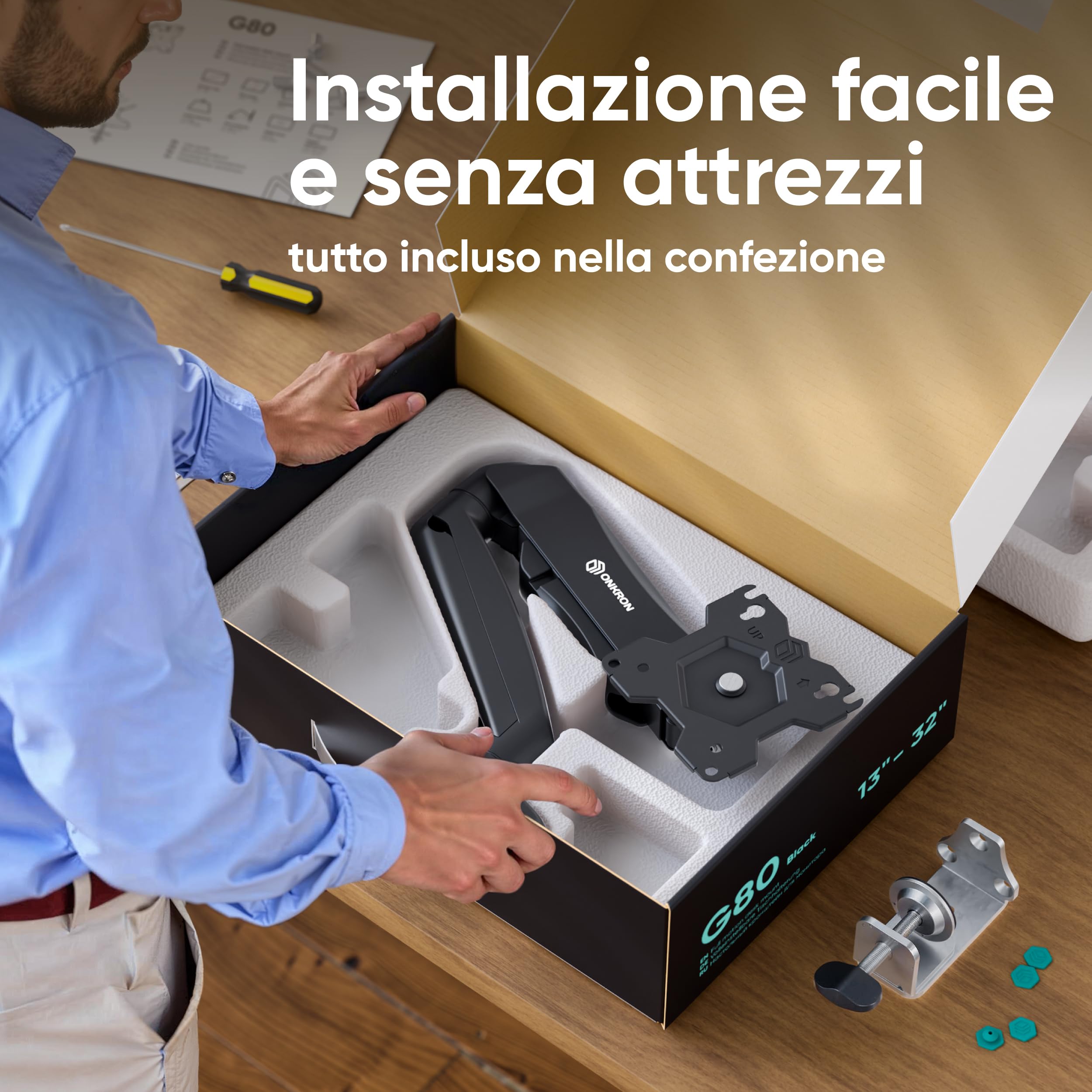 ONKRON Supporto Monitor da 13 a 32 pollici - Braccio Monitor Scrivania con Peso fino a 8 kg - Staffa Monitor Scrivania Universale con max VESA 100x100 mm/Supporto TV Girevole e Inclinabile G80-B Nero