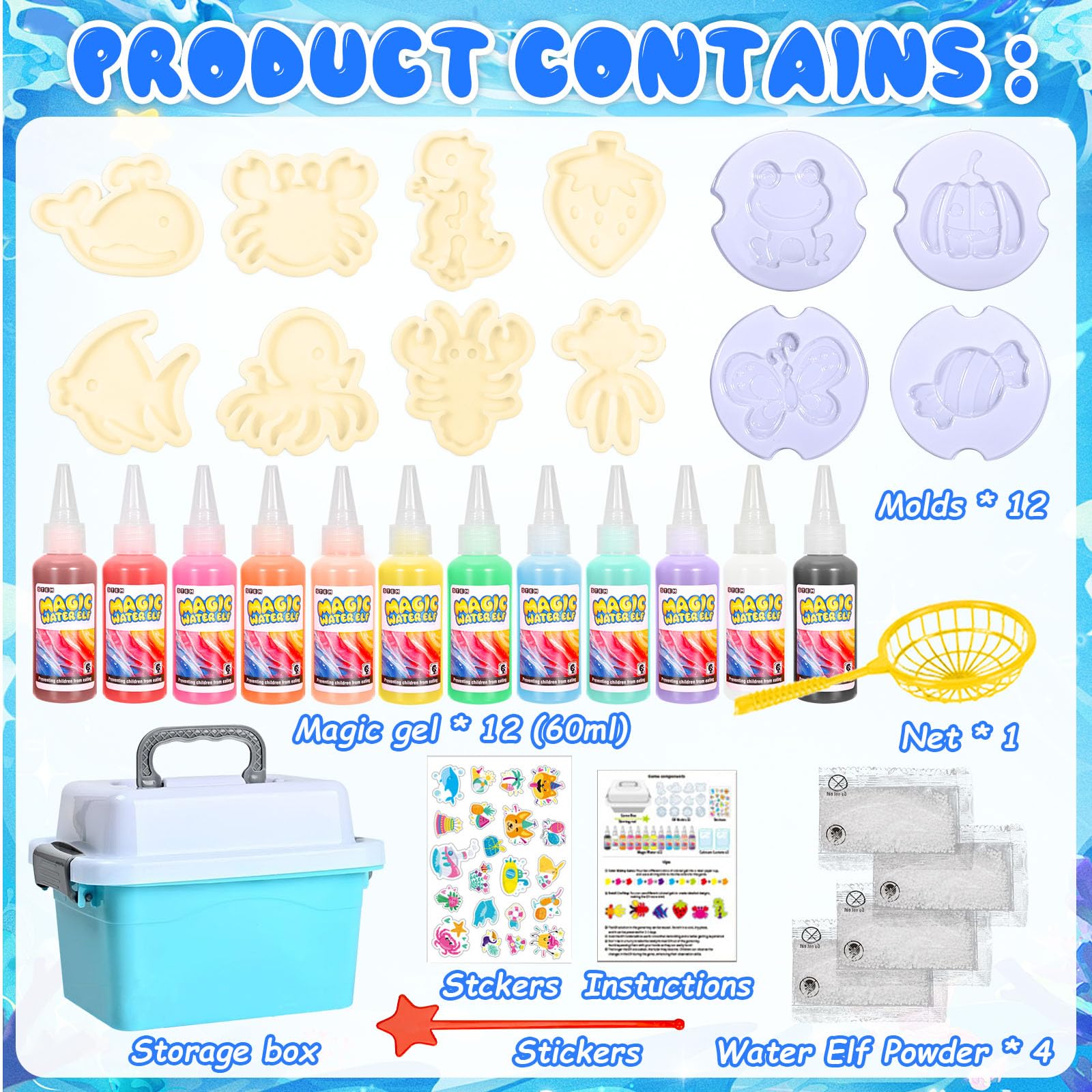 Aqua Gelz Creative Set, Juguete de Gel de Agua Mágico 3D DIY, Juego Magic Gel Kit con 12 Colores y 12 Moldes, Regalo de Juguete Creativo para Niños de 3 Años en Adelante, Niños y Niñas