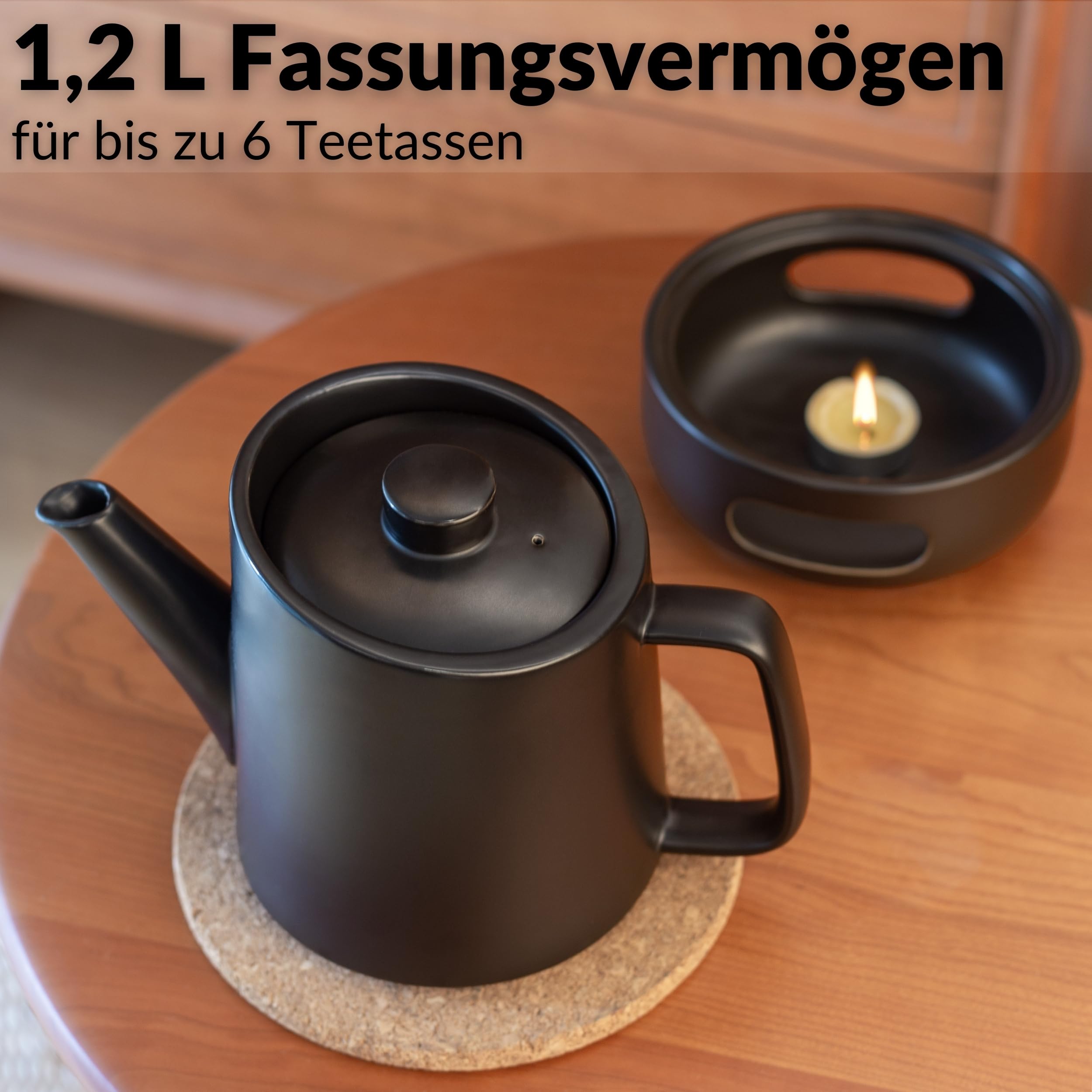 DEKAZIA® Keramik Teekanne mit Siebeinsatz und Stövchen Set - Großer Teapot für losen Tee, 1,2L Porzellan Kanne mit Edelstahl Filter und Teelicht Wärmer Schwarz Steingut